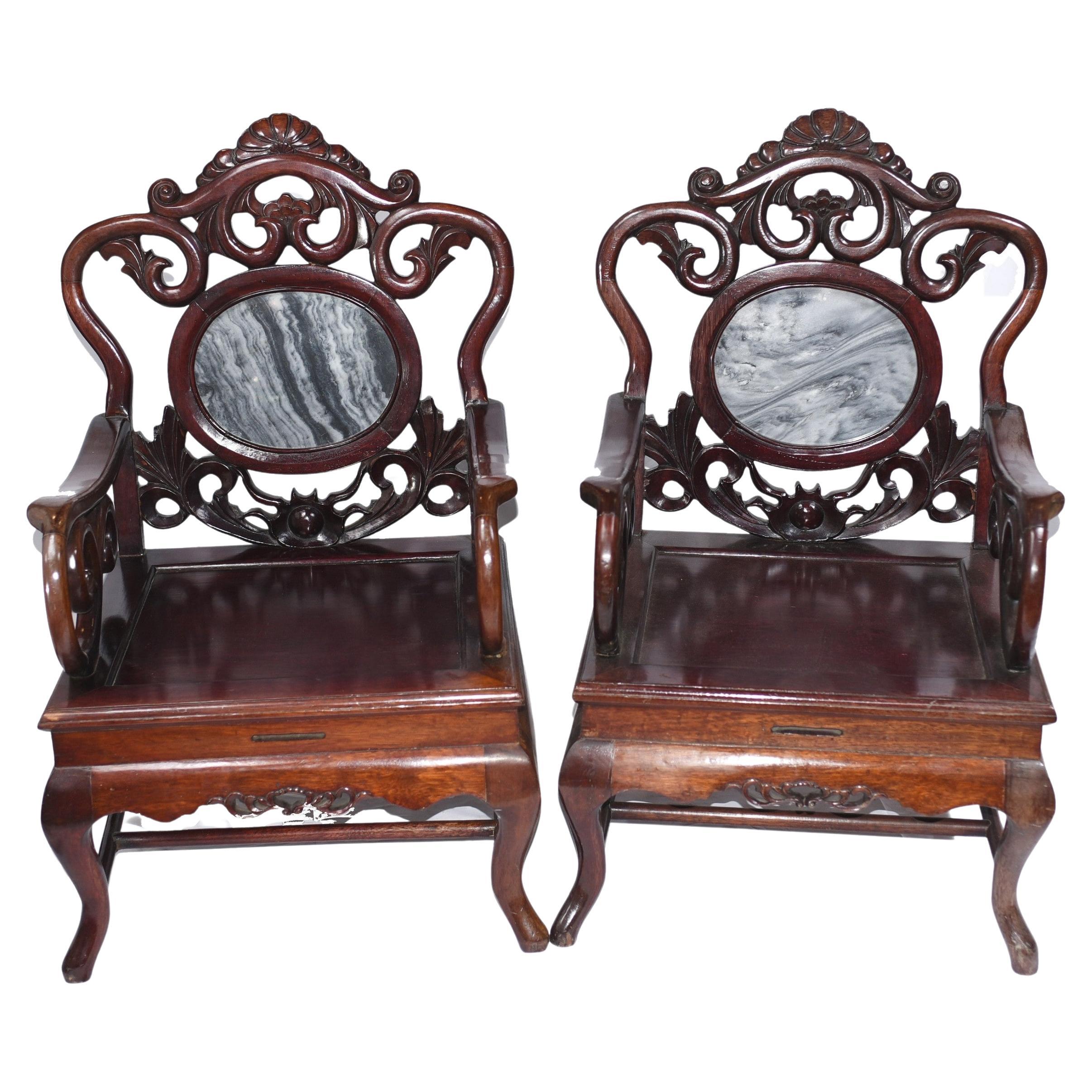 Pair Carved Chinese Arm Chairs - Antique Hardwood For Sale