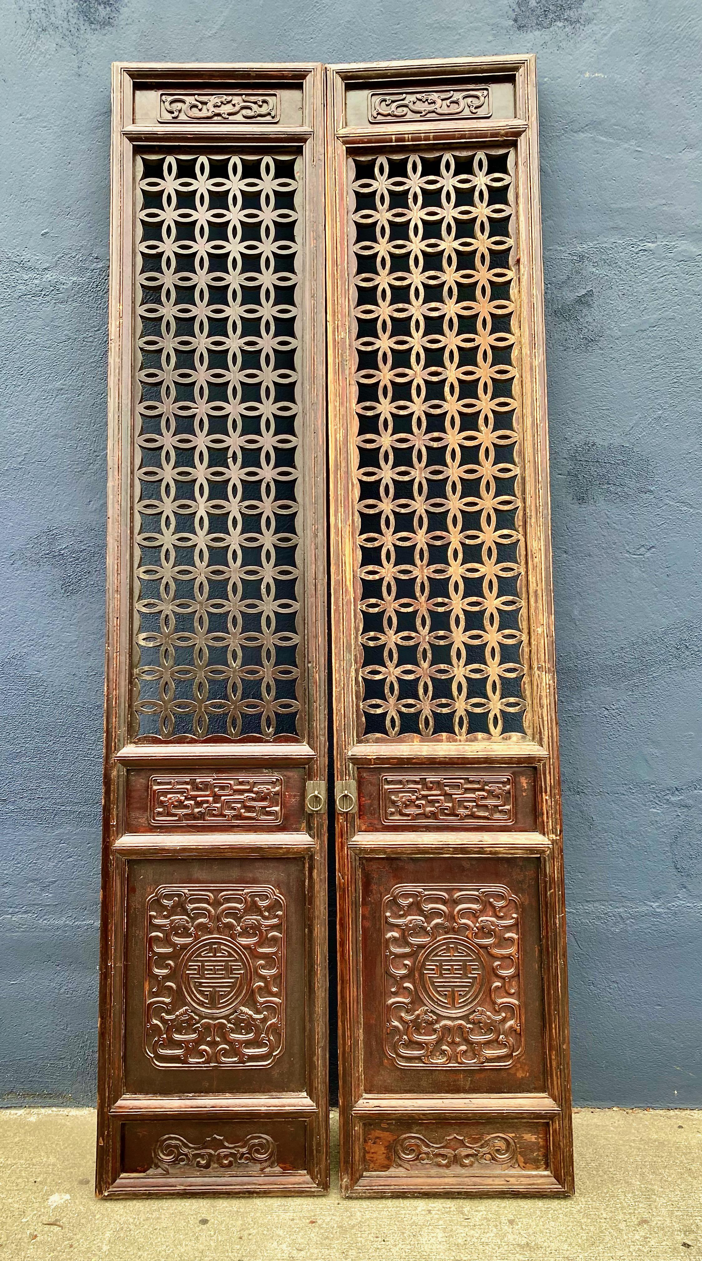 Pair Carved Chinese Carved Hardwood Doors For Sale 4