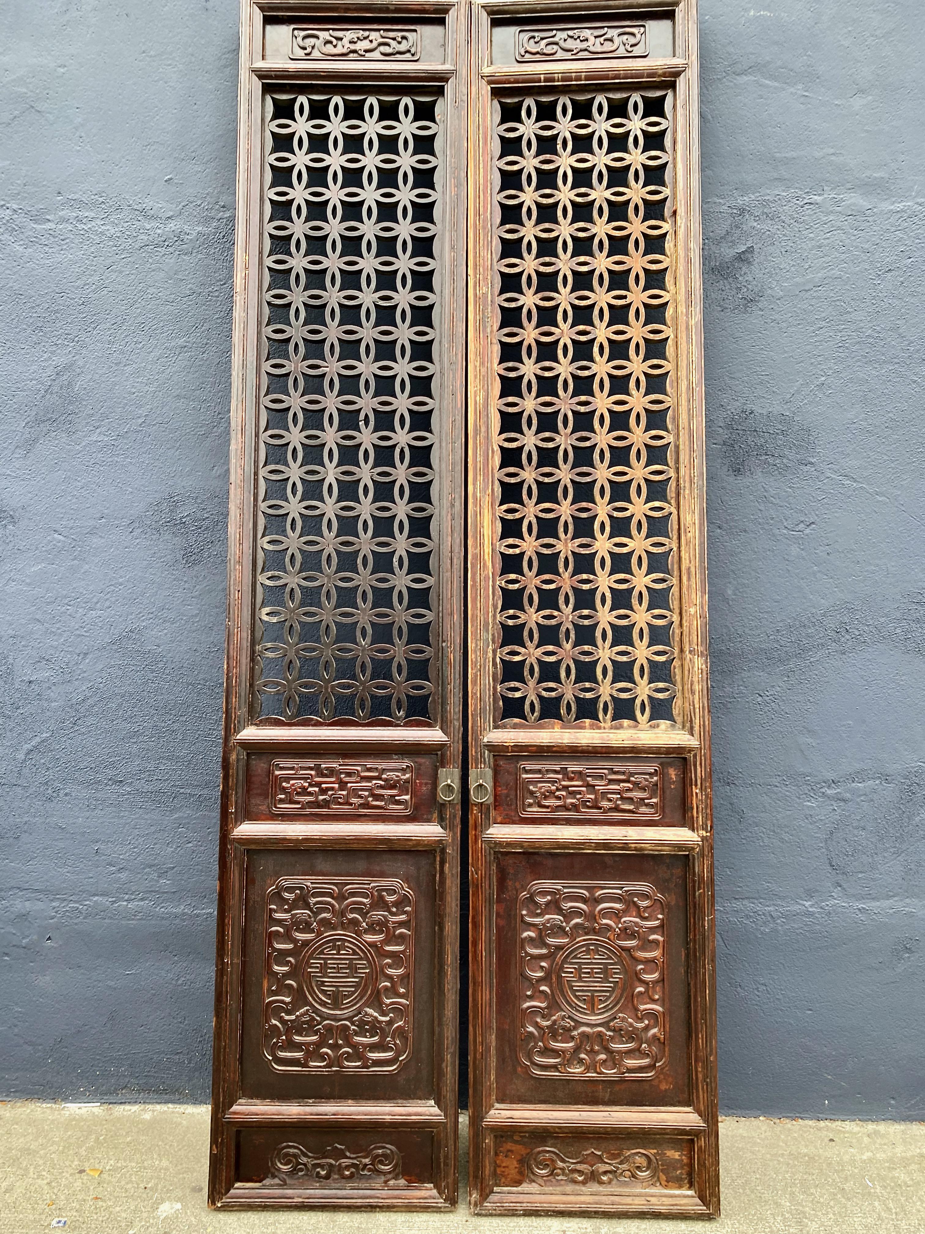 Pair Carved Chinese Carved Hardwood Doors For Sale 1