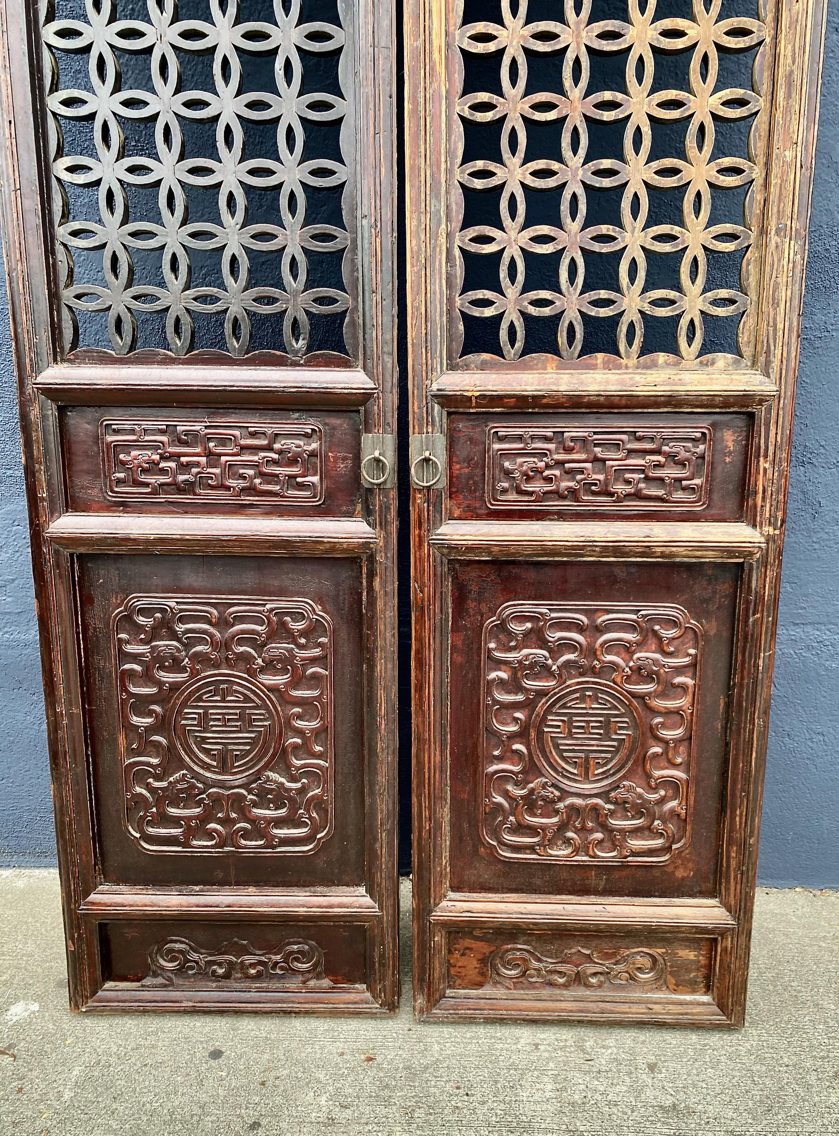 Pair Carved Chinese Carved Hardwood Doors For Sale 3