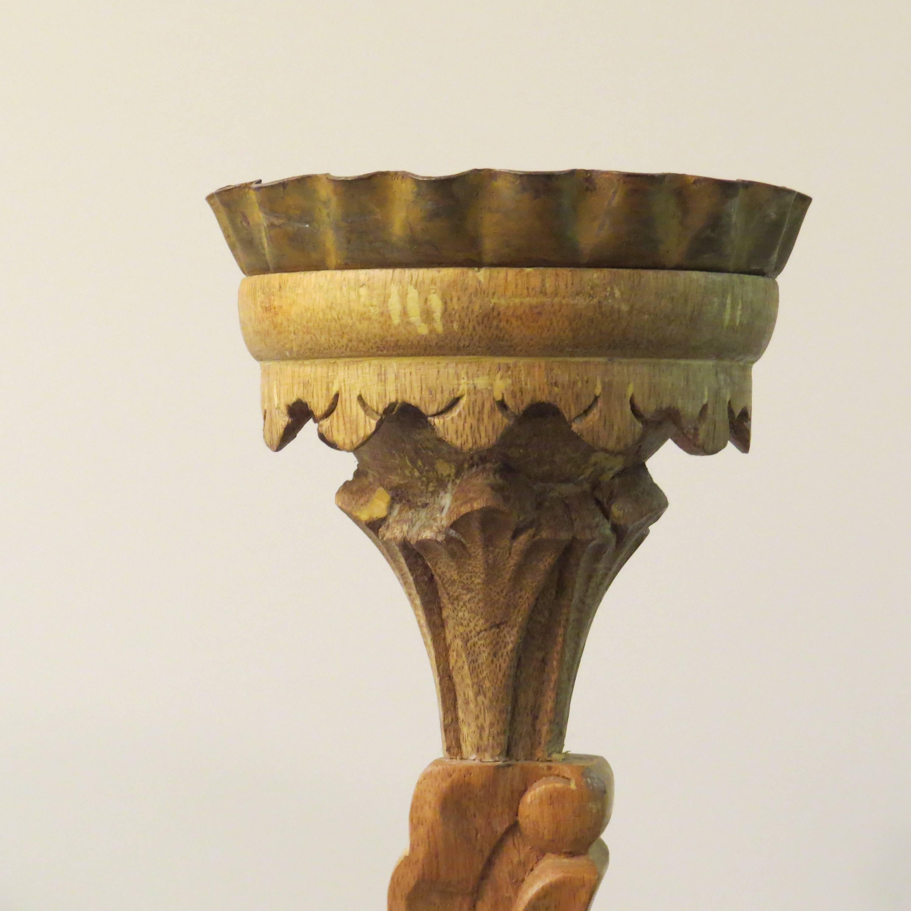 Pair of Carved French 19th Century Oak Candlesticks For Sale 1