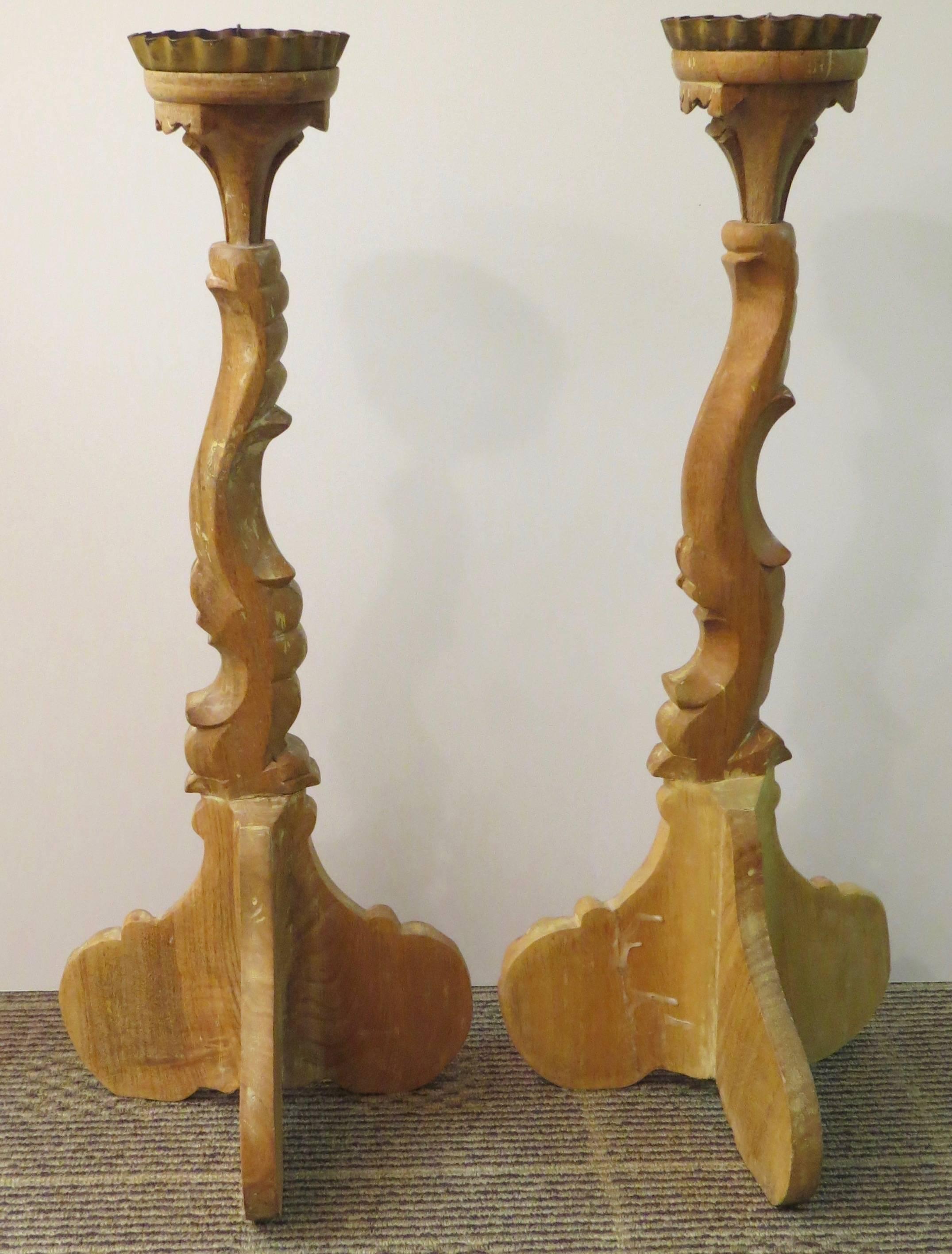 Pair of Carved French 19th Century Oak Candlesticks For Sale 2