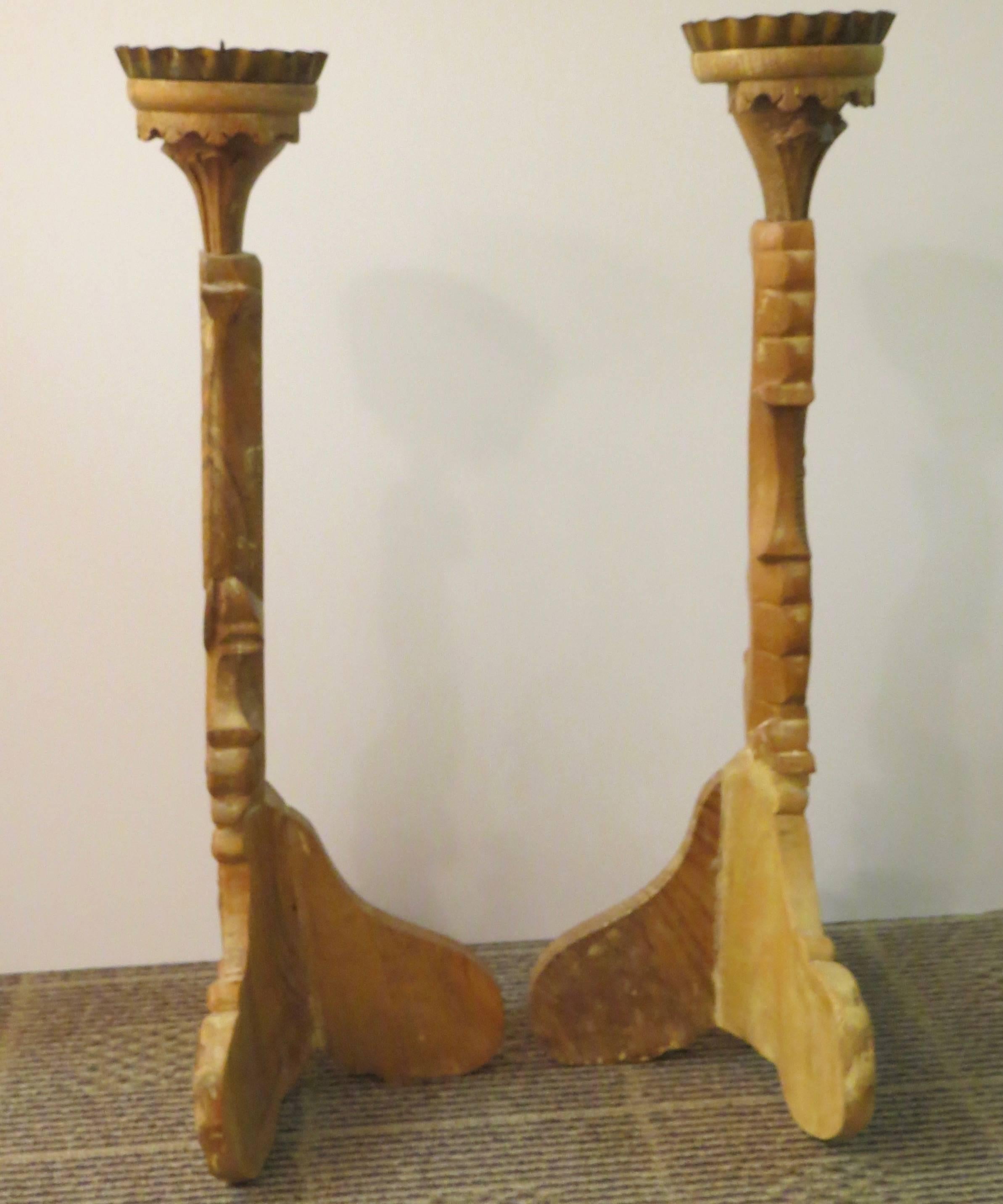 Pair of Carved French 19th Century Oak Candlesticks For Sale 3