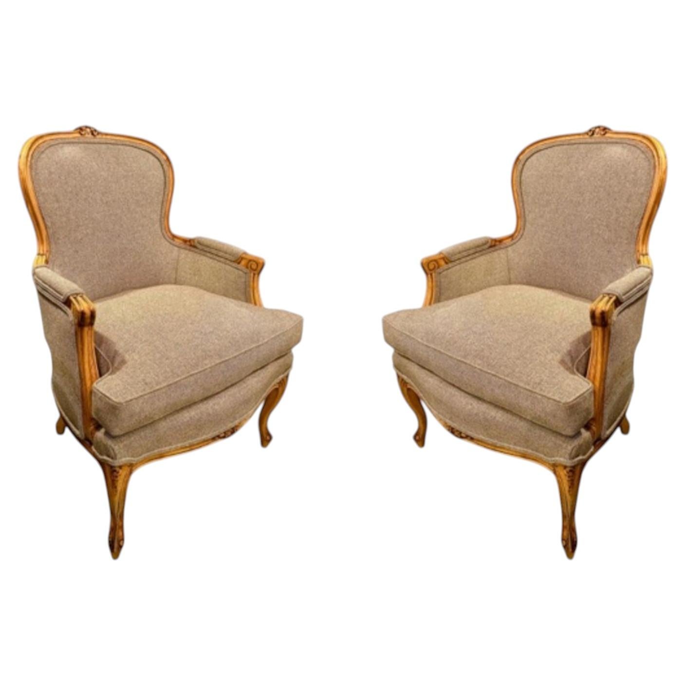 Pair Carved French Louis XV Bergeres, Early 20th Century