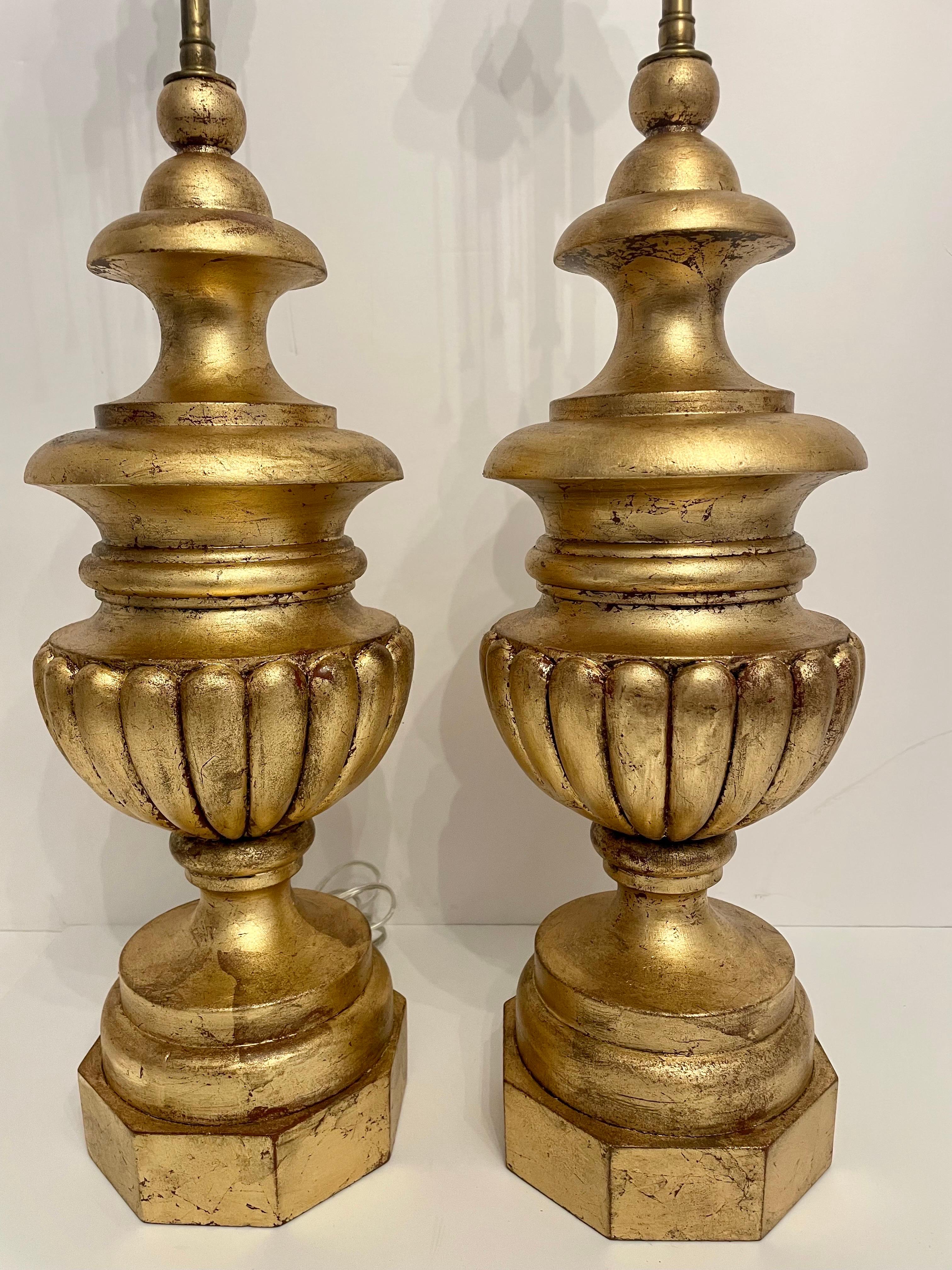 Wood Pair Carved Gilt Lamps For Sale