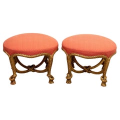 Pair Carved Gilt Rope Ottomans
