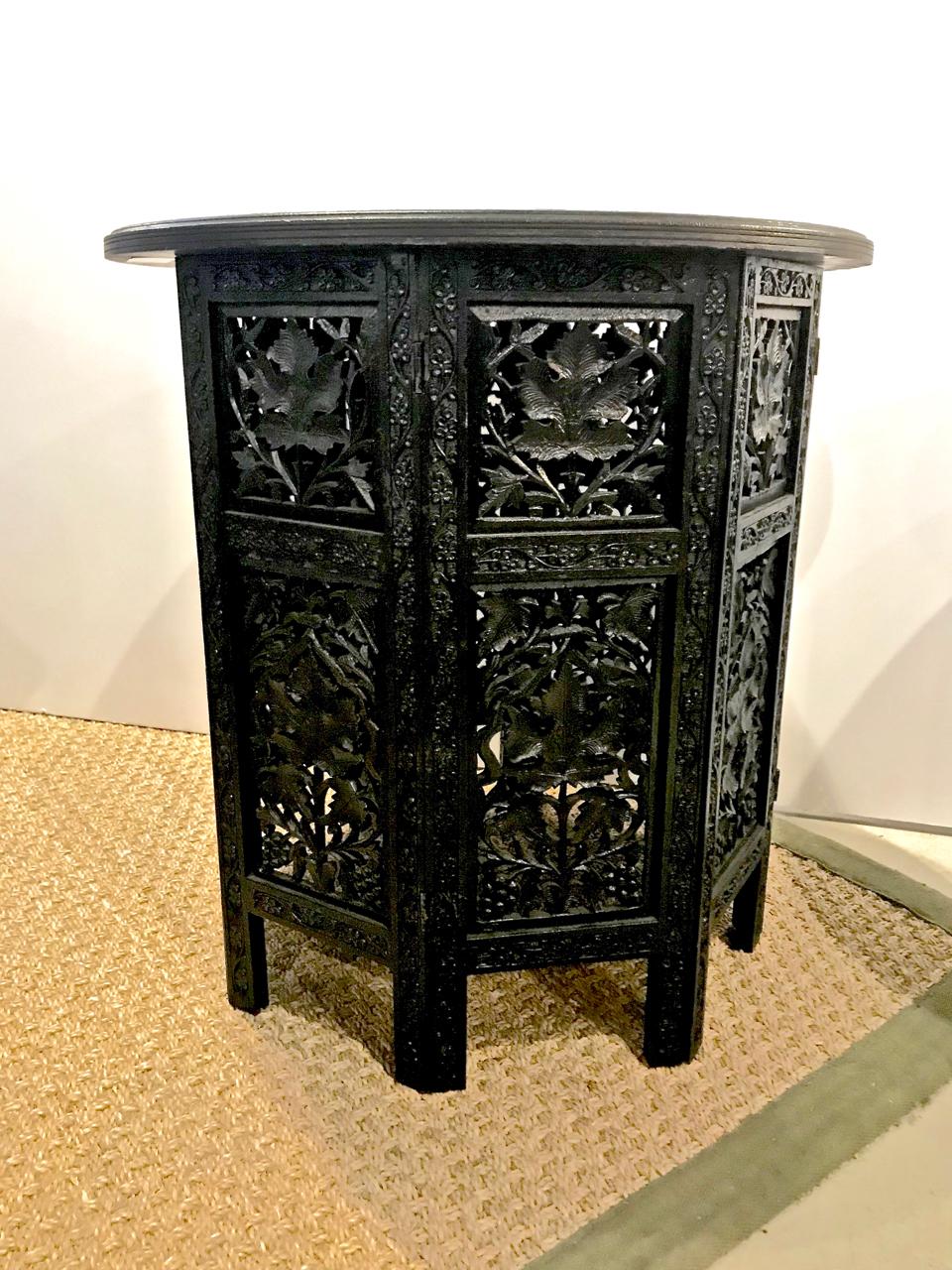 Anglo-Indian Pair of Carved Indian Ebonized Side Tables