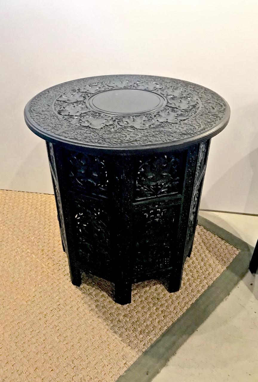 Hand-Carved Pair of Carved Indian Ebonized Side Tables
