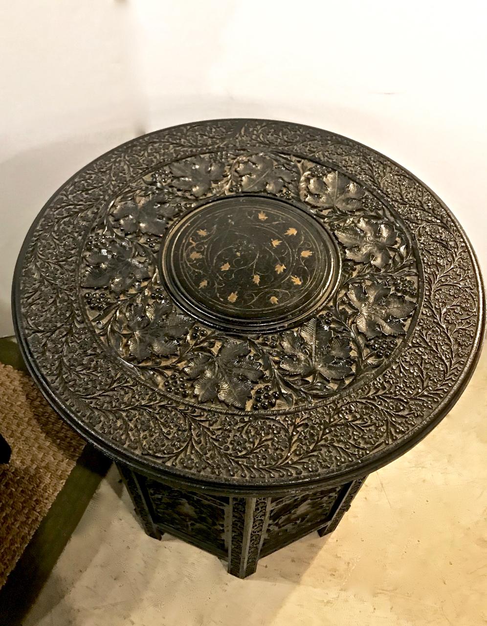 Wood Pair of Carved Indian Ebonized Side Tables