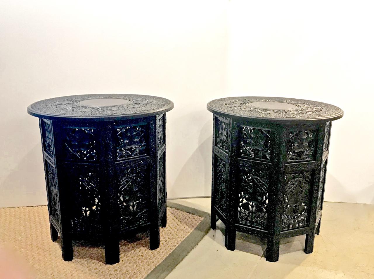 Pair of Carved Indian Ebonized Side Tables 1
