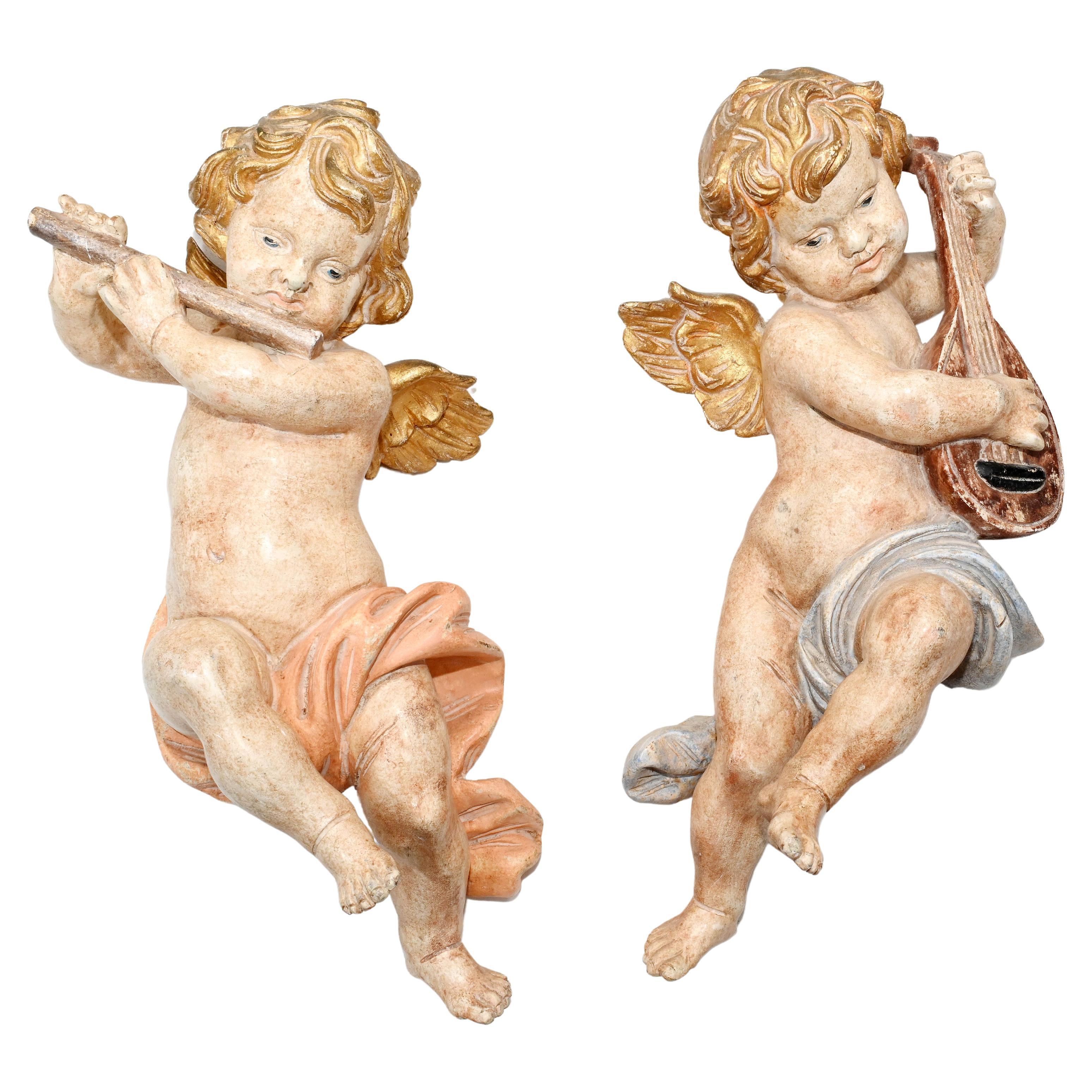 Pair Carved Italian Cherubs Painted Putti