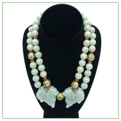 Pair Carved Lavender Jade Foo Dogs with Double Strand Jade Necklace
