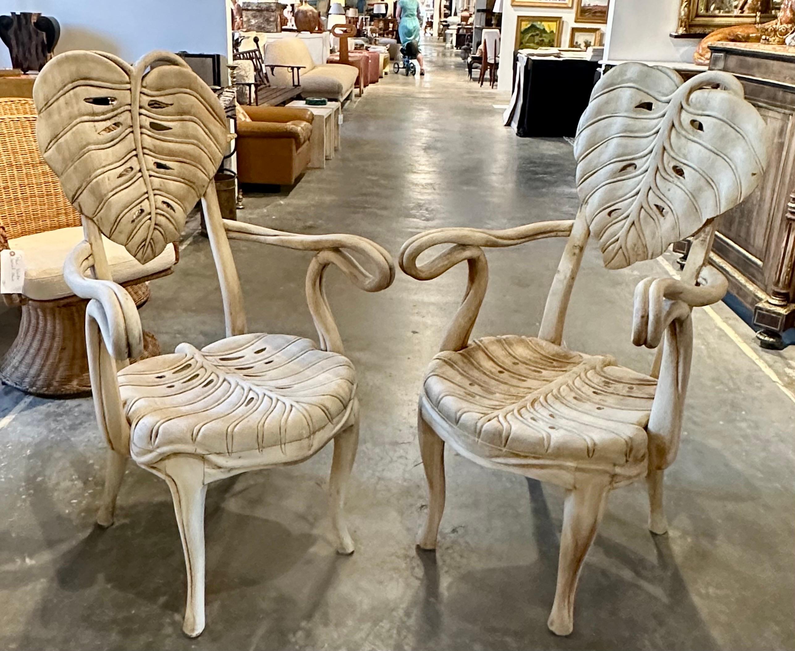 A pair of handcrafted leaf chairs of woods. Chair are a pair but the design due to the handcrafted nature do have some differences in the design.
Chairs are in the atyle of Bartolozzi and Maioli.
The finish is bleached wood.Arm height 28.0