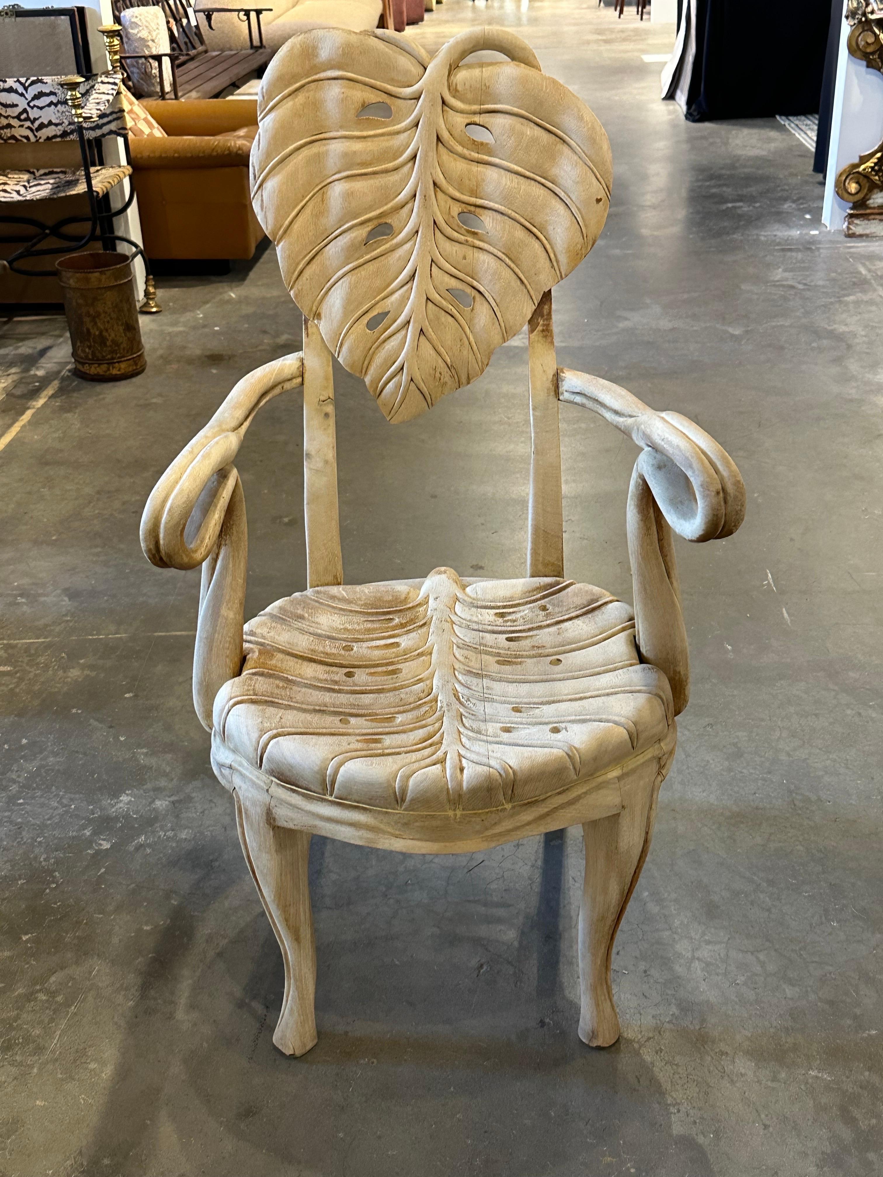 Organic Modern Pair Carved Leaf Chairs in the Style of Bartolozzi and Maioli For Sale