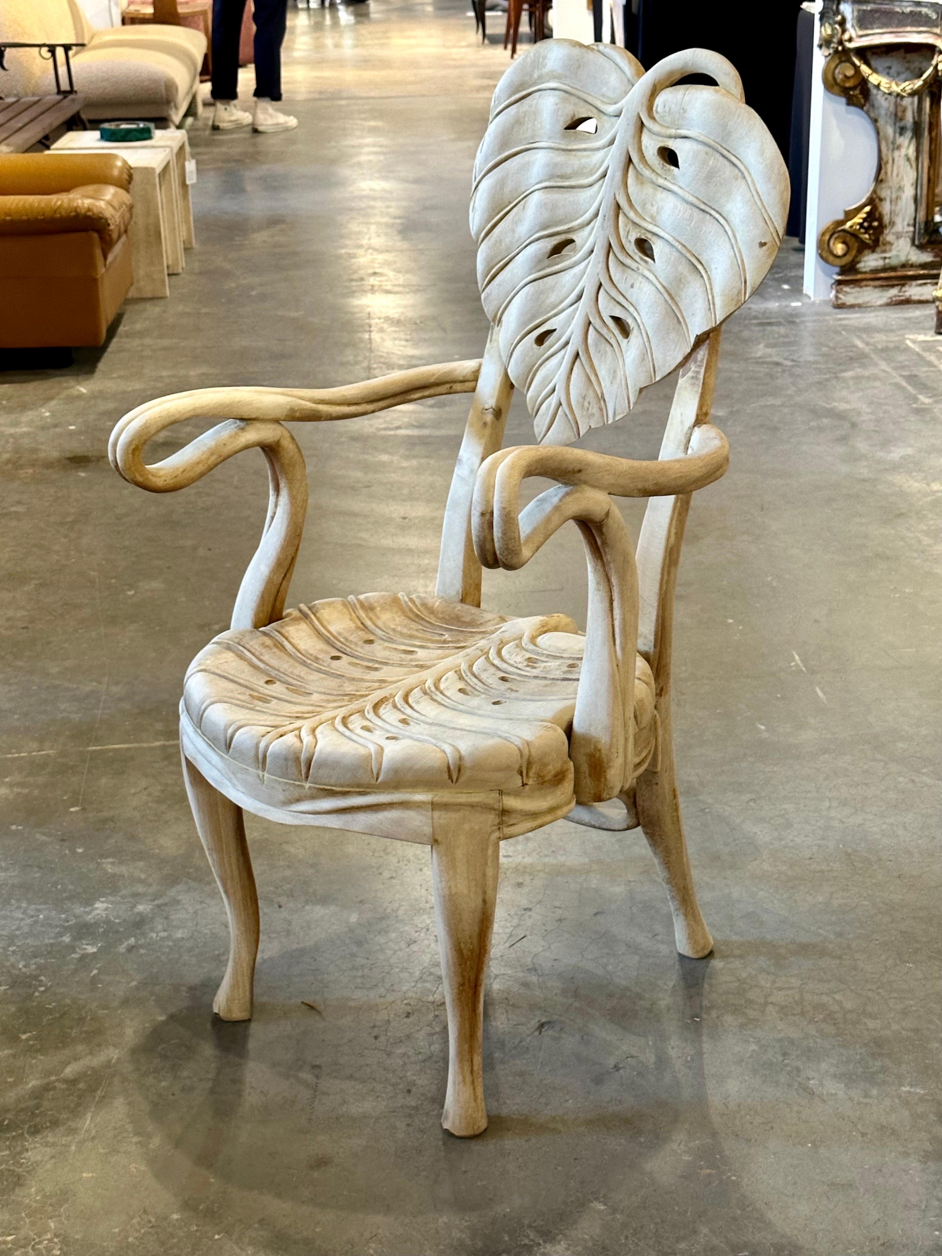 Bleached Pair Carved Leaf Chairs in the Style of Bartolozzi and Maioli For Sale