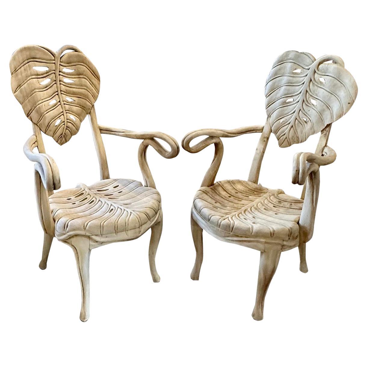 Pair Carved Leaf Chairs in the Style of Bartolozzi and Maioli For Sale