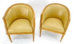 Pair Carved Light Walnut Barrel Style Light Olive Leather Upholstery Armchairs