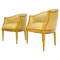 Pair Carved Light Walnut Barrel Style Light Olive Leather Upholstery Armchairs
