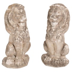 Used Pair, Carved Limestone Lion Garden Statues, Denmark circa 1920-40