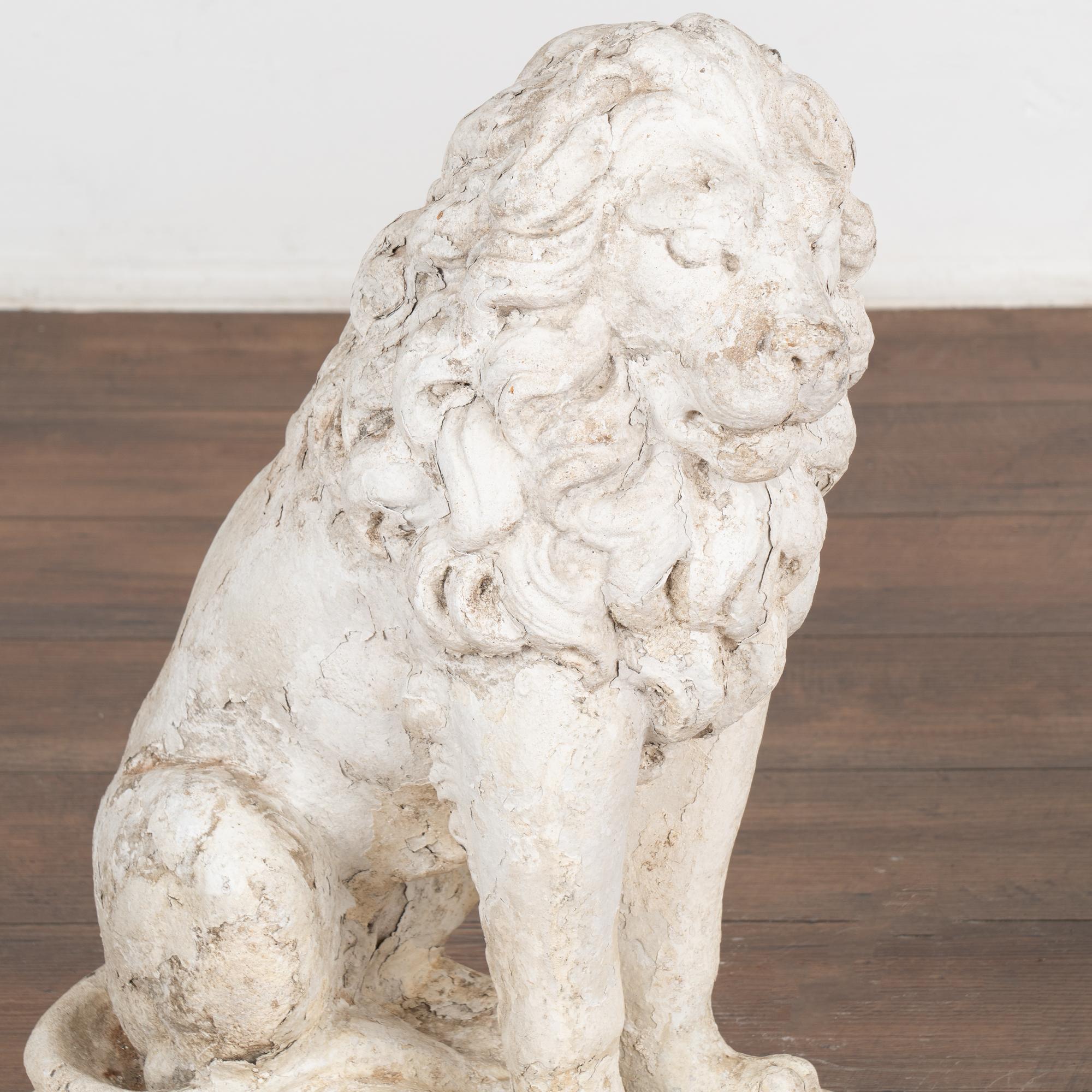 Danish Pair, Carved Lion Garden Statues Painted White, Denmark circa 1920-40 For Sale