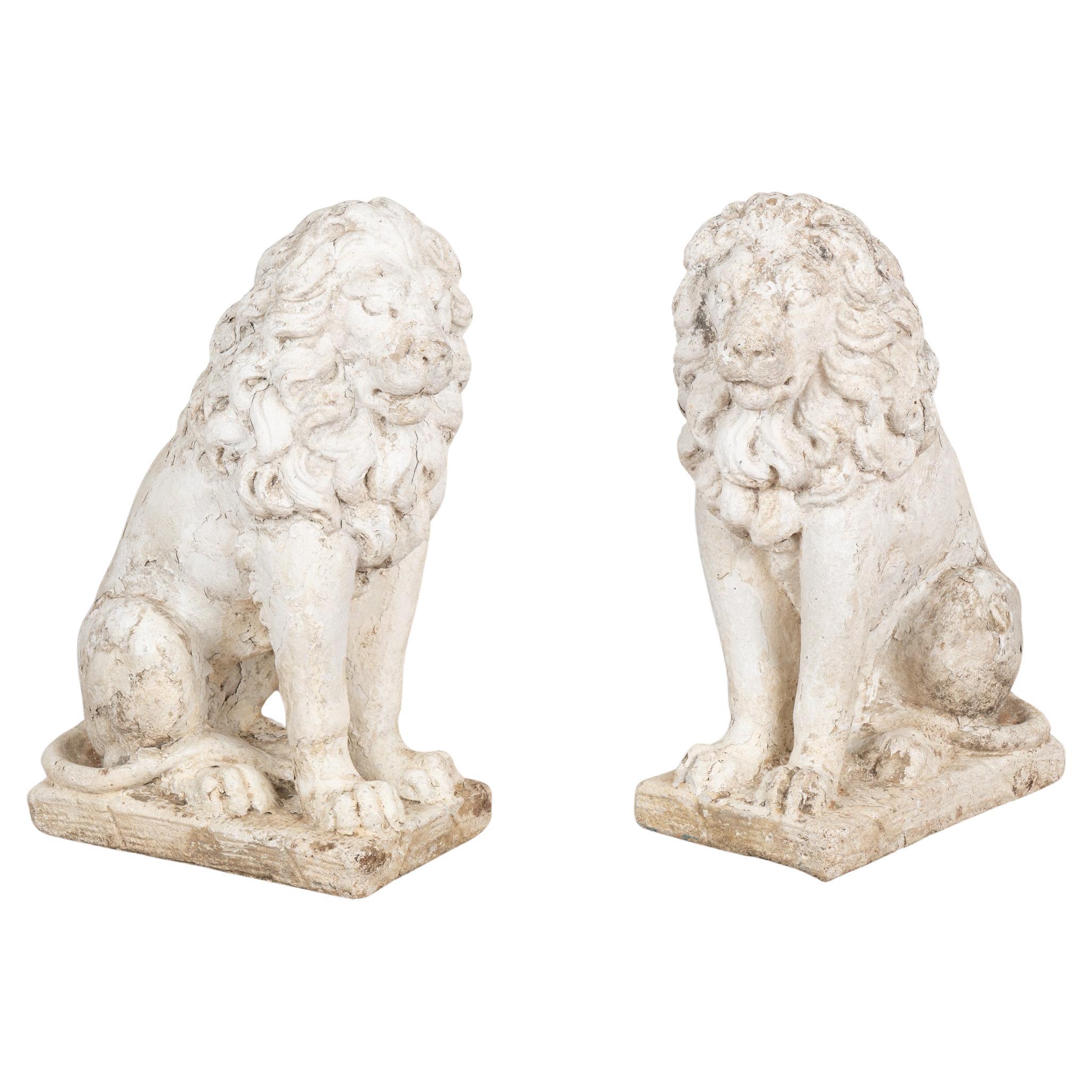 Pair, Carved Lion Garden Statues Painted White, Denmark circa 1920-40