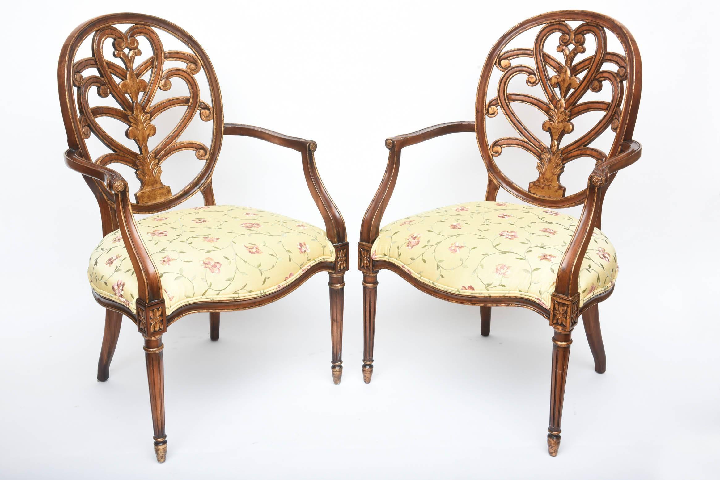 English Pair of Carved Mahogany Armchairs, Lovely Decorative Back and Finely Turned Legs