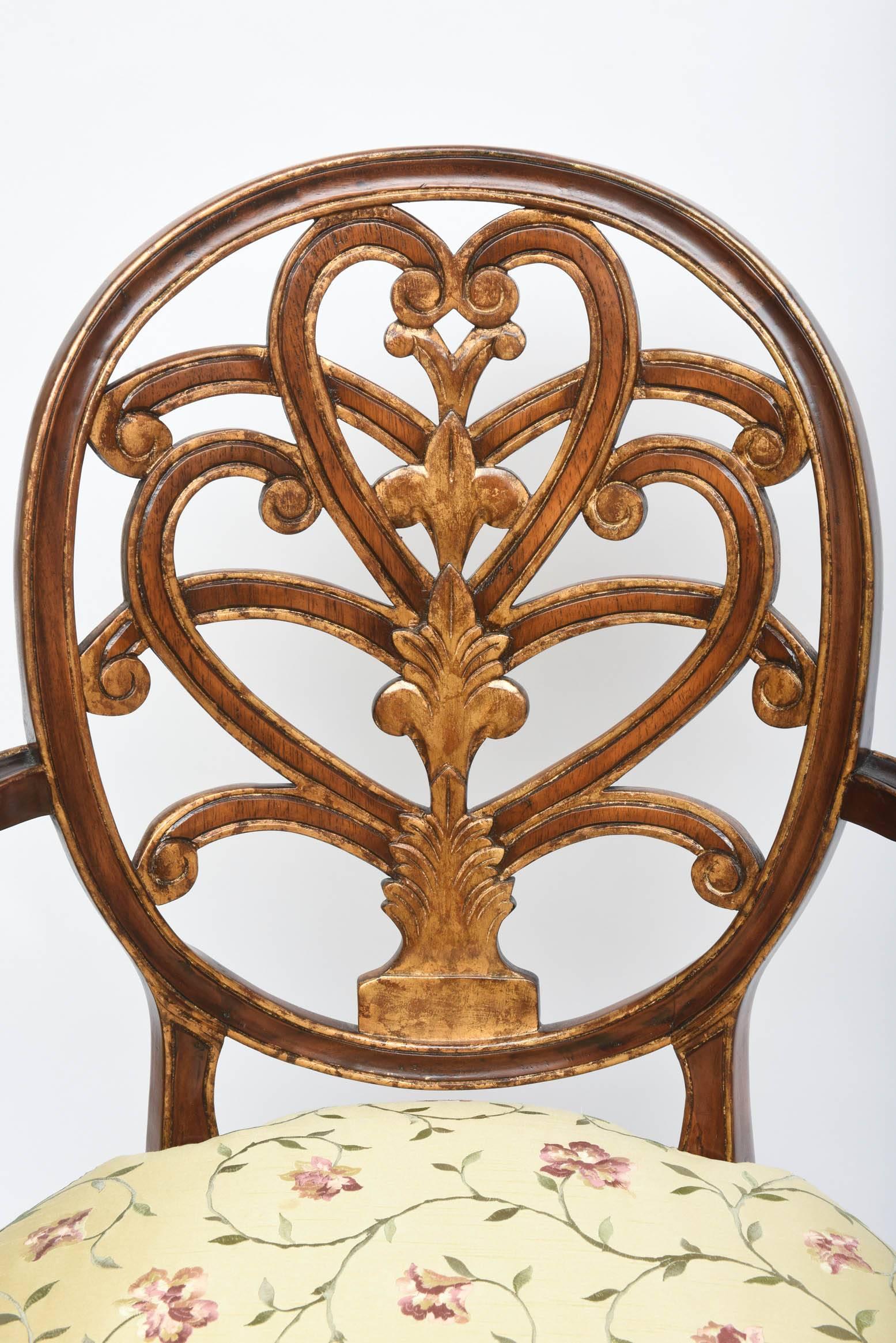 Pair of Carved Mahogany Armchairs, Lovely Decorative Back and Finely Turned Legs In Good Condition In West Palm Beach, FL