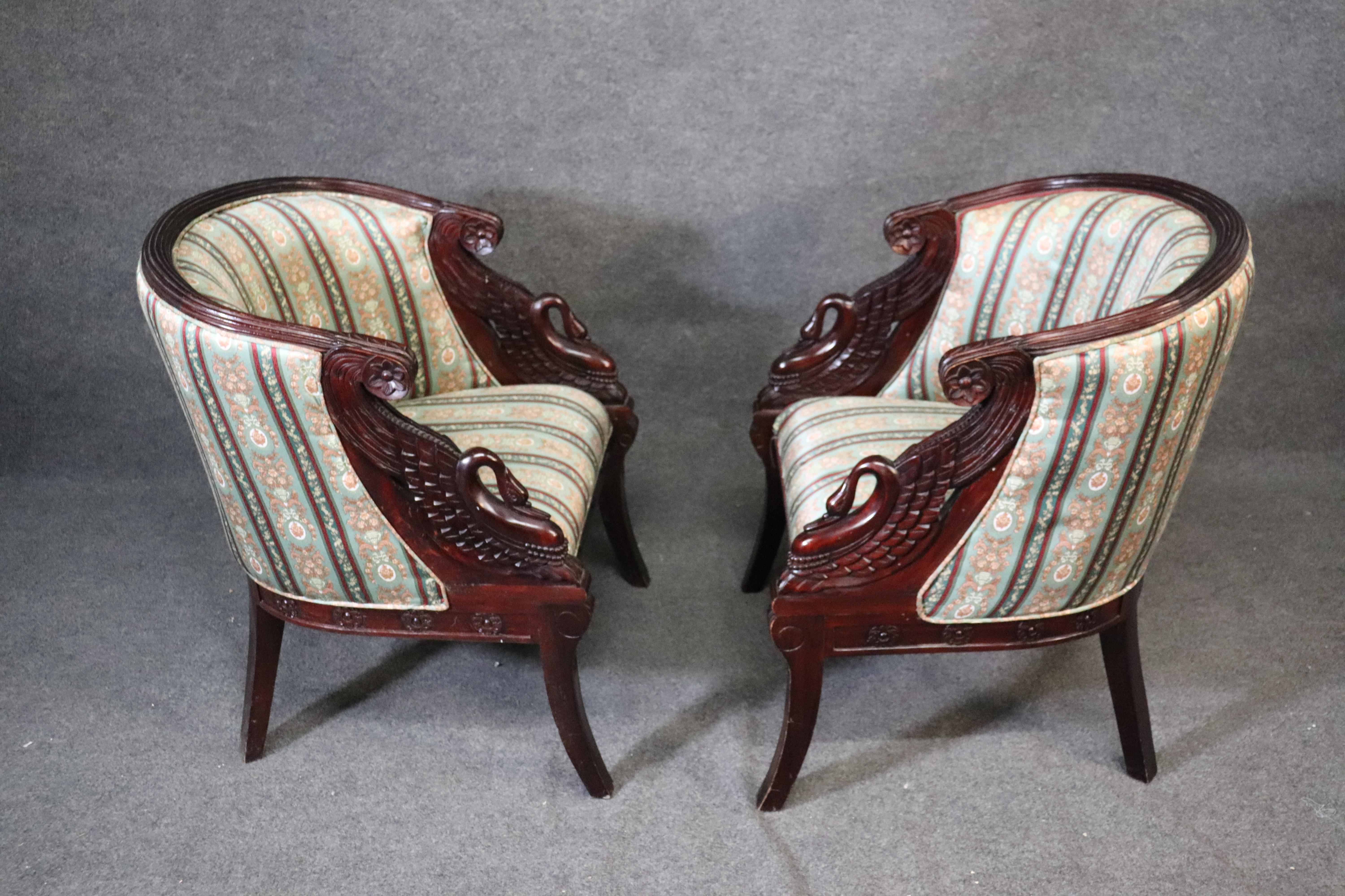 Pair of Carved Mahogany English Regency Swan Tub Style Club Chairs, circa 1950 5