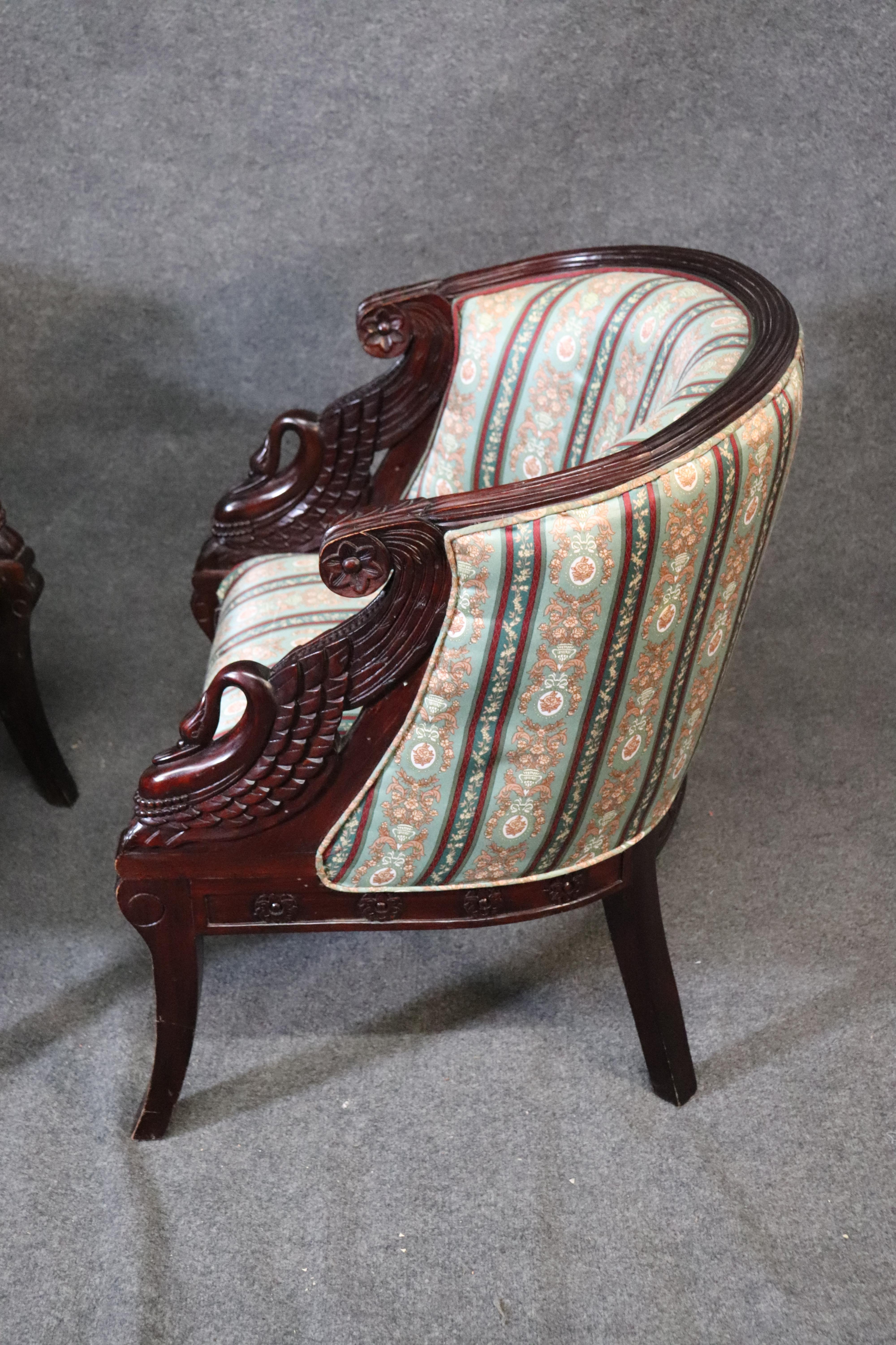 Pair of Carved Mahogany English Regency Swan Tub Style Club Chairs, circa 1950 6