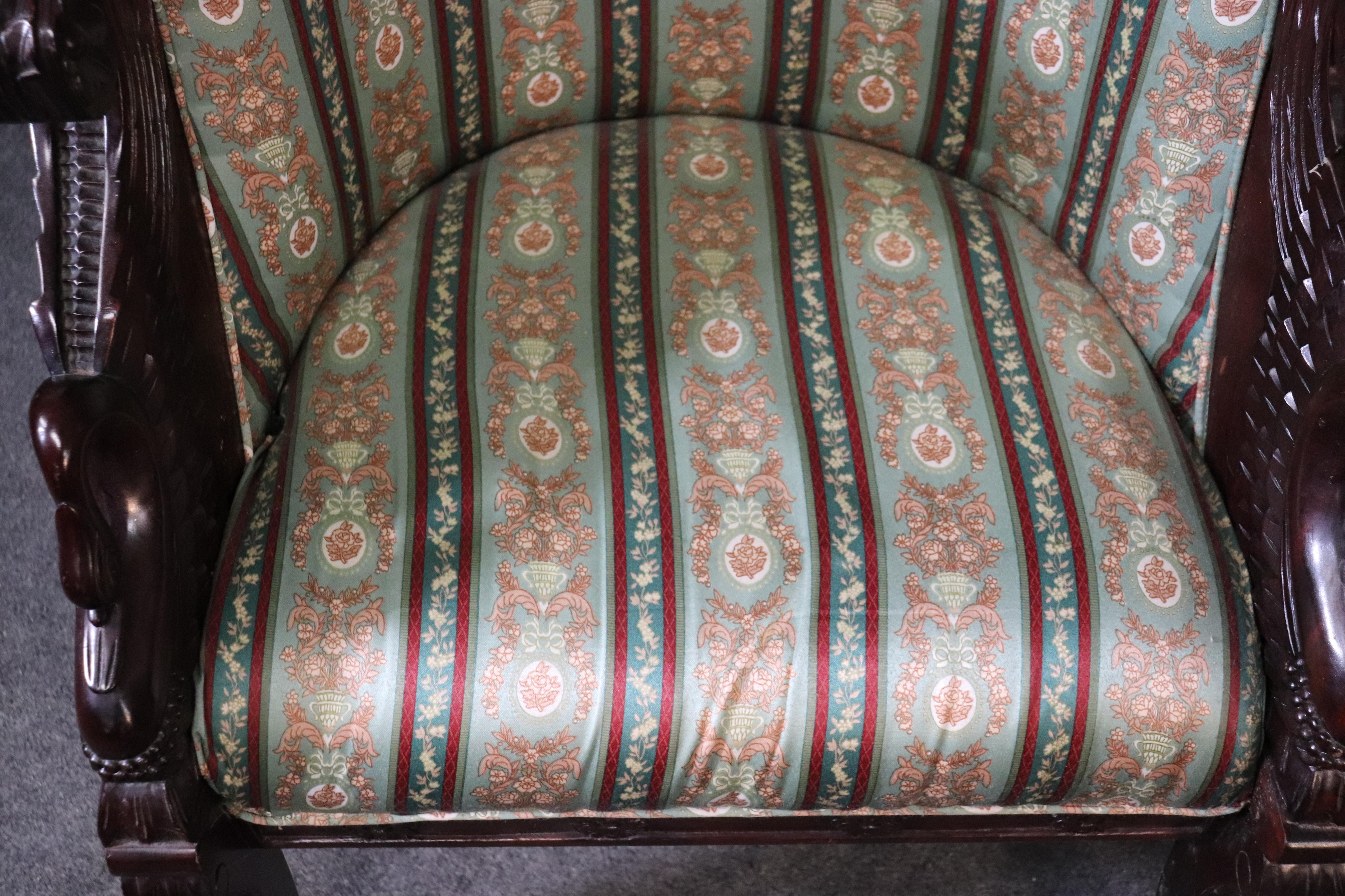 Pair of Carved Mahogany English Regency Swan Tub Style Club Chairs, circa 1950 2