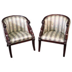 Pair of Carved Mahogany English Regency Swan Tub Style Club Chairs, circa 1950