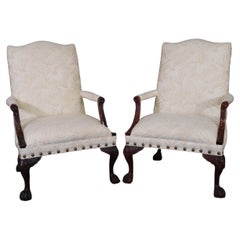 Pair Carved Mahogany Hairy Paw Georgian Style Armchairs of Large Scale