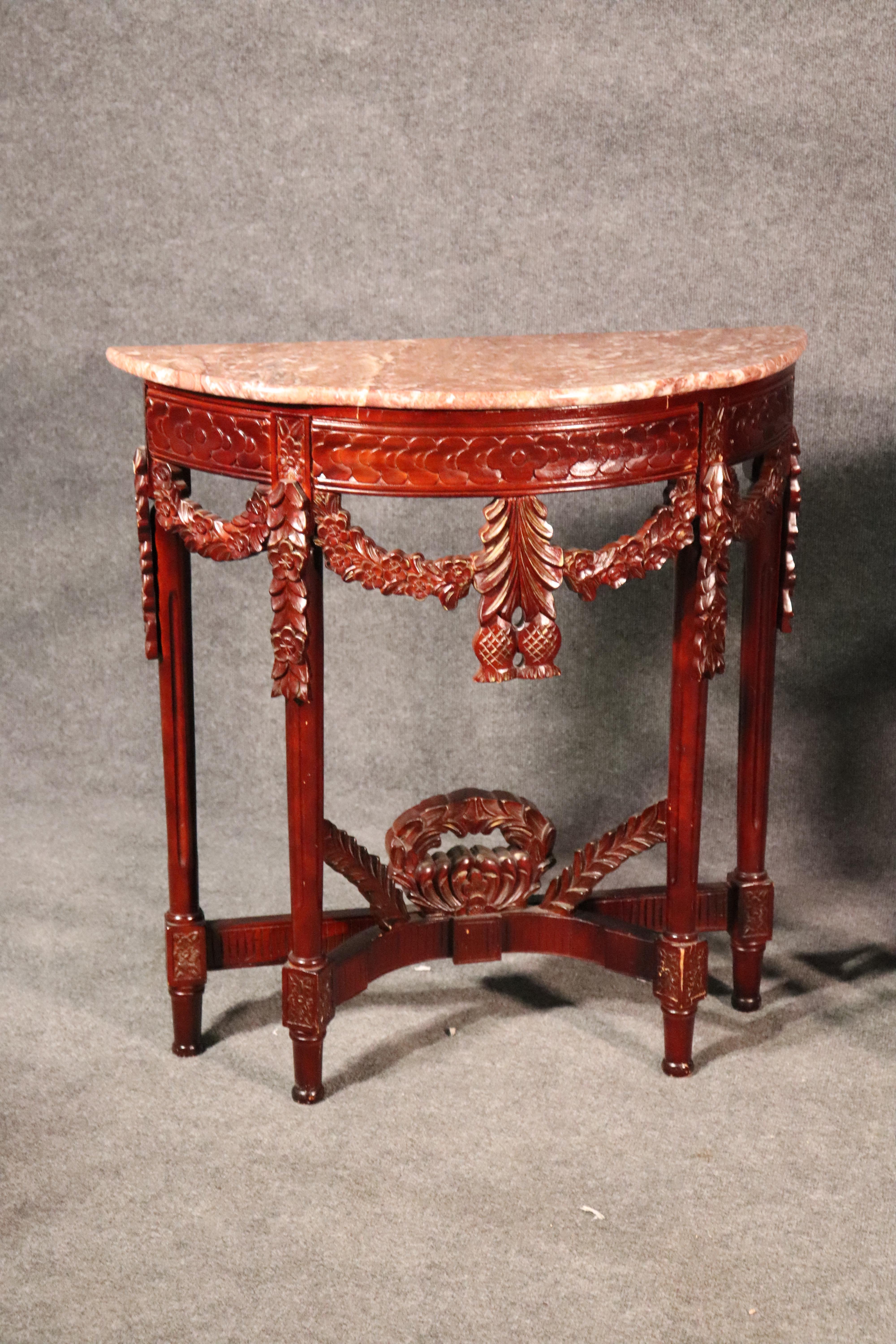 Louis XVI Pair of Carved Mahogany Marble-Top Petite Demilune Console Tables