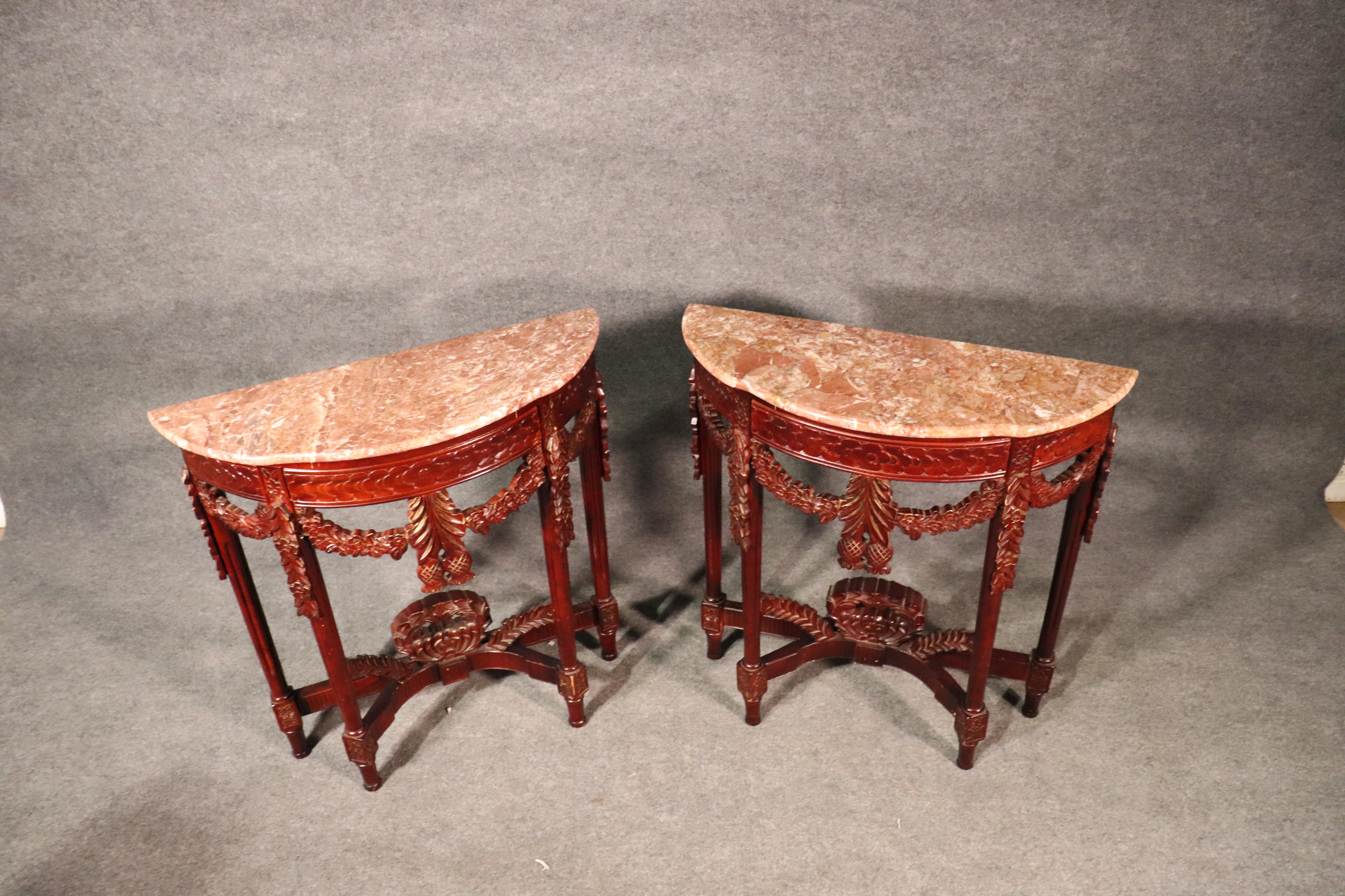 Spanish Pair of Carved Mahogany Marble-Top Petite Demilune Console Tables