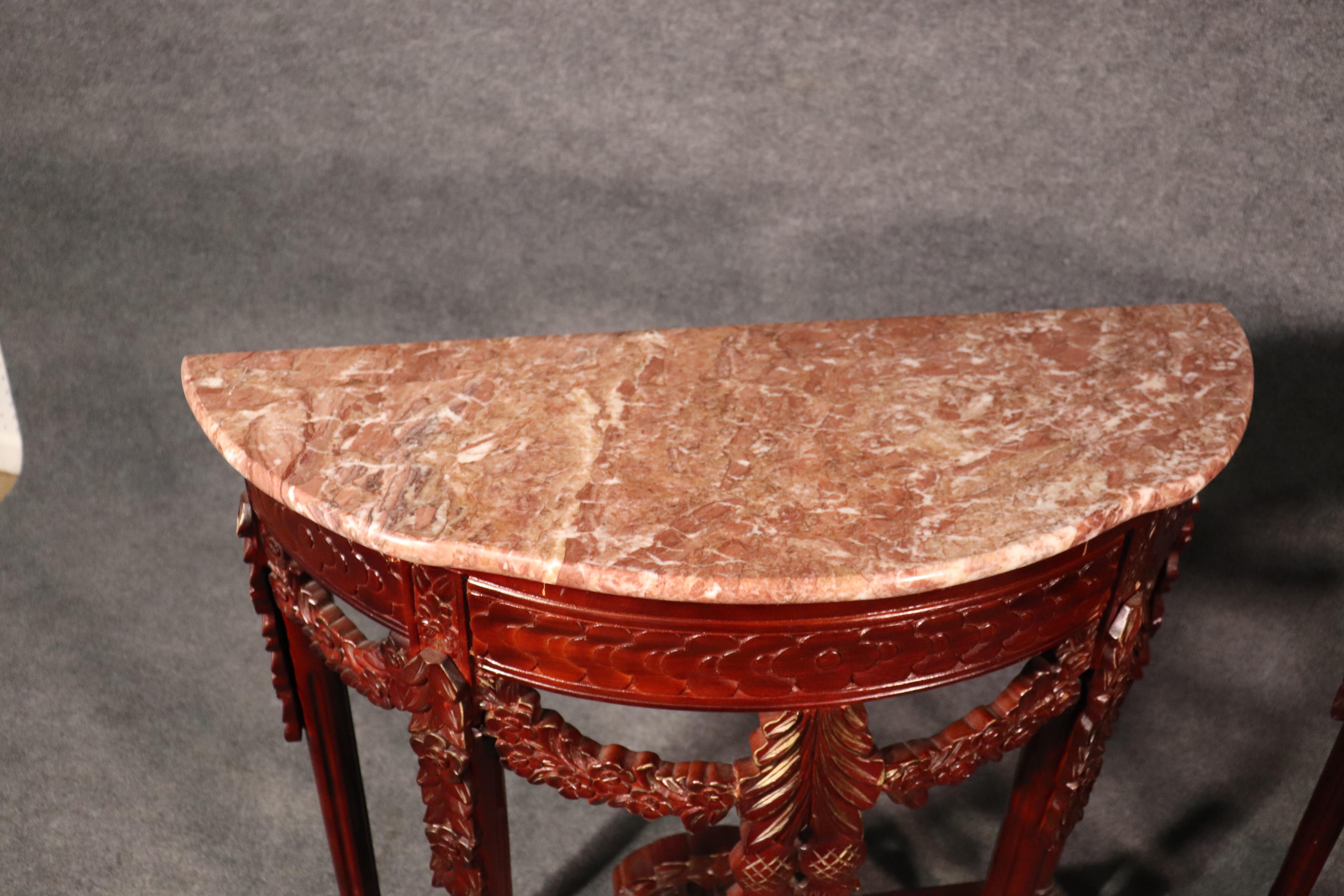 Pair of Carved Mahogany Marble-Top Petite Demilune Console Tables In Good Condition In Swedesboro, NJ