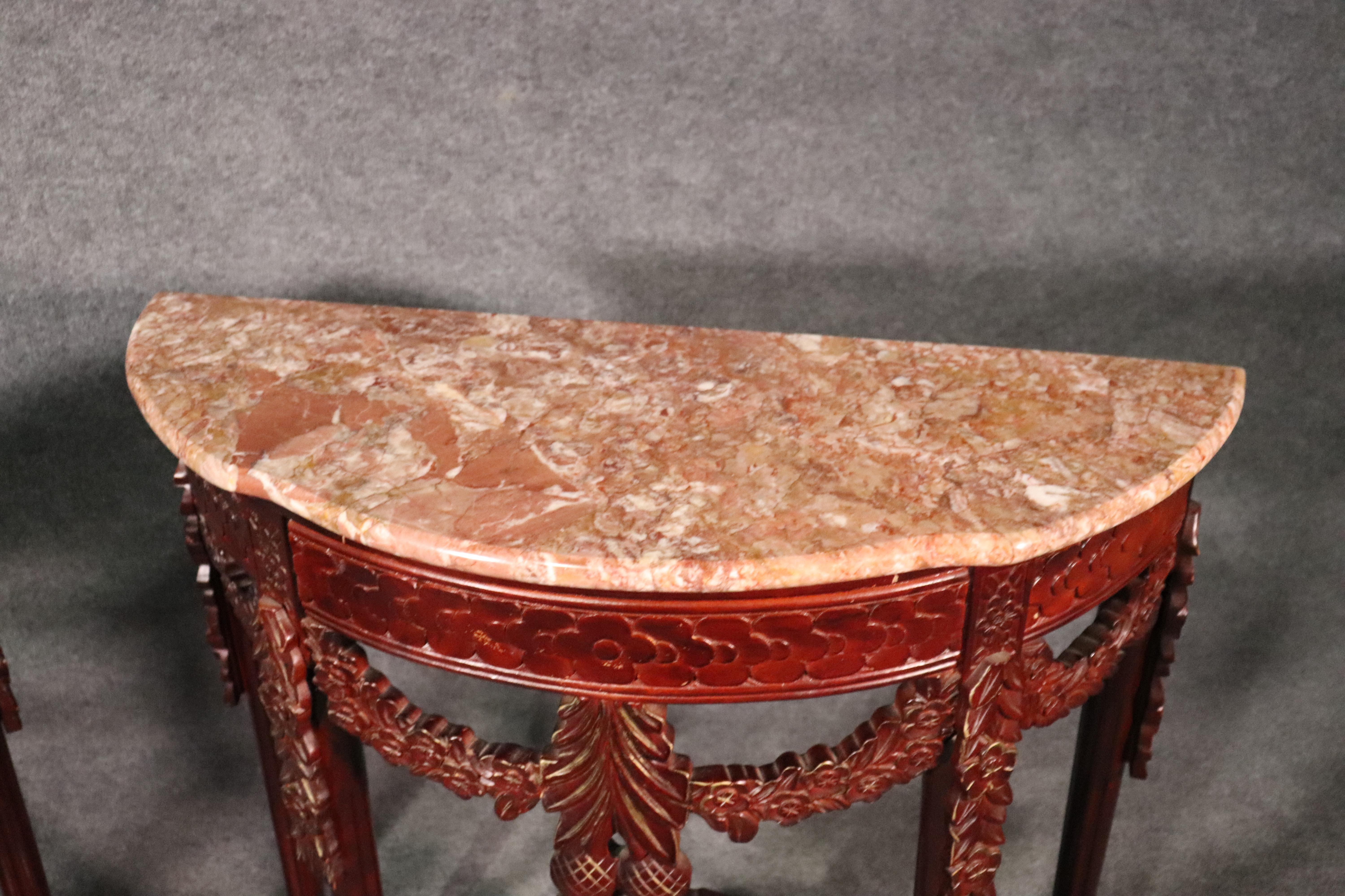 Late 20th Century Pair of Carved Mahogany Marble-Top Petite Demilune Console Tables