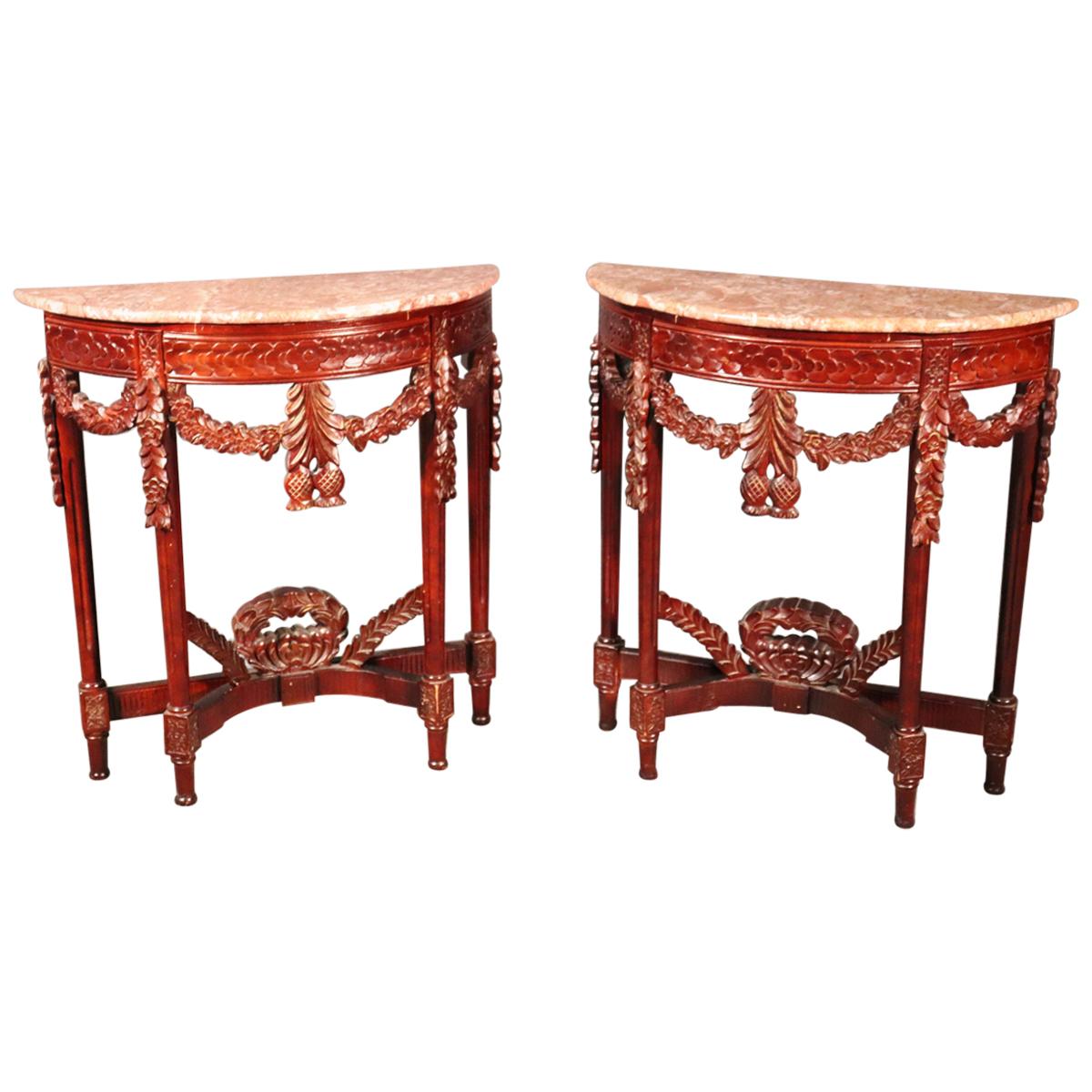 Pair of Carved Mahogany Marble-Top Petite Demilune Console Tables