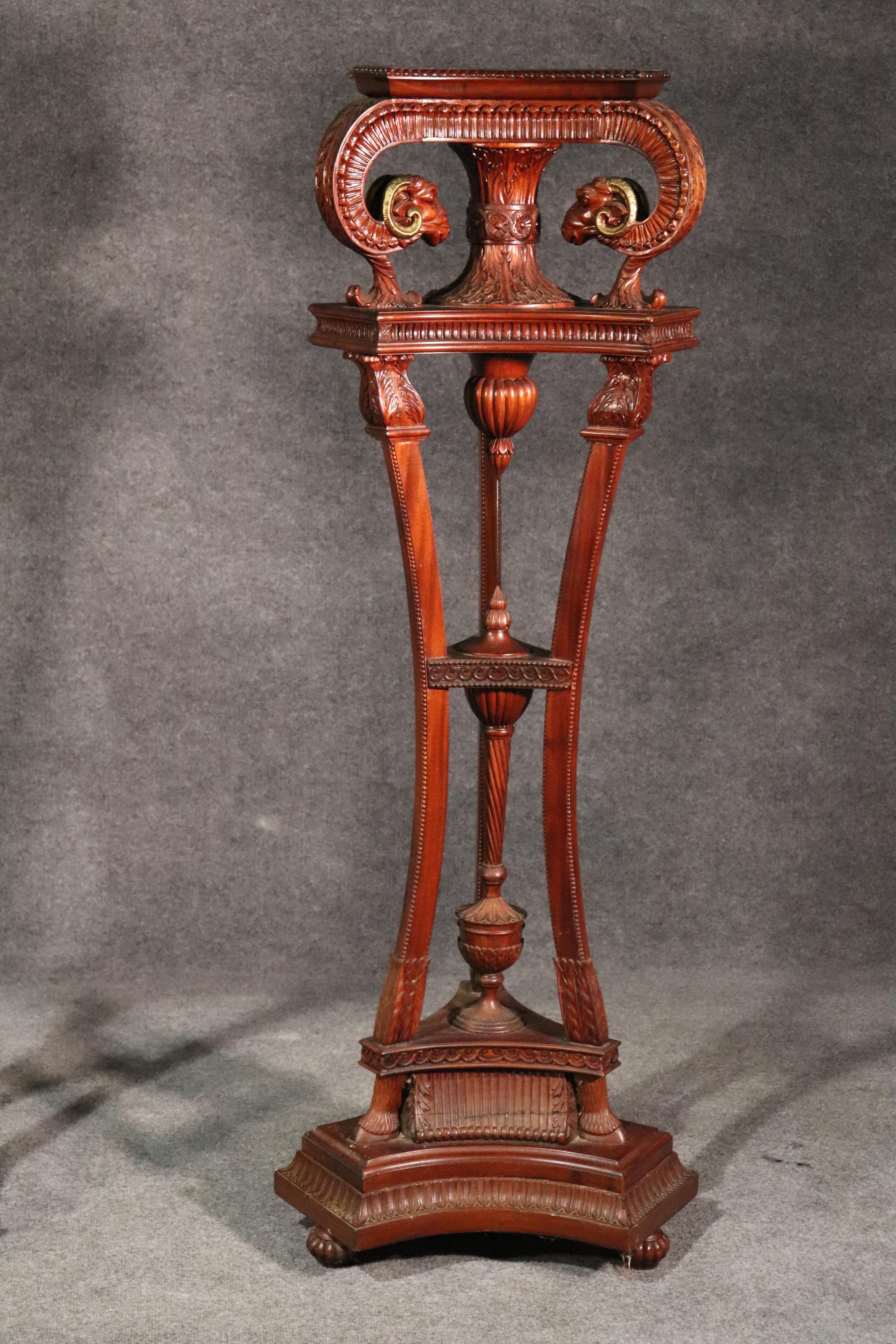 English Pair of Carved Mahogany Rams Head Georgian Style Vintage Pedestals Plantstands