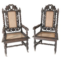 Pair Carved Oak Arm Chairs Farmhouse Gothic Barley Twist, 1880