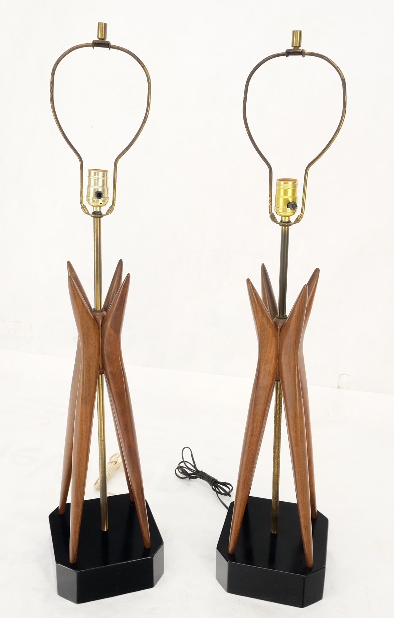 Pair Carved Oiled Walnut Star Bursting Sputnik Shape Bases Table Lamps Mint! For Sale 5