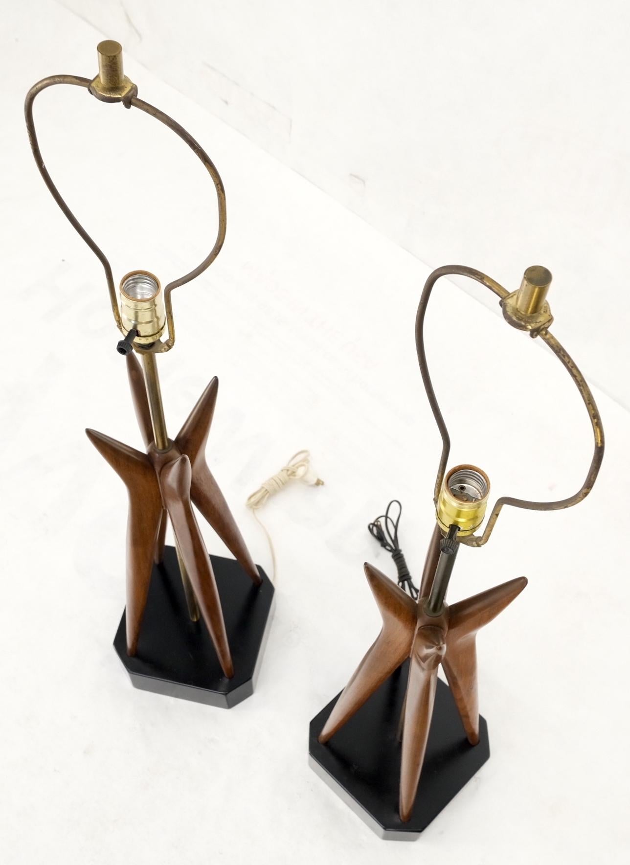 Pair Carved Oiled Walnut Star Bursting Sputnik Shape Bases Table Lamps Mint! For Sale 6