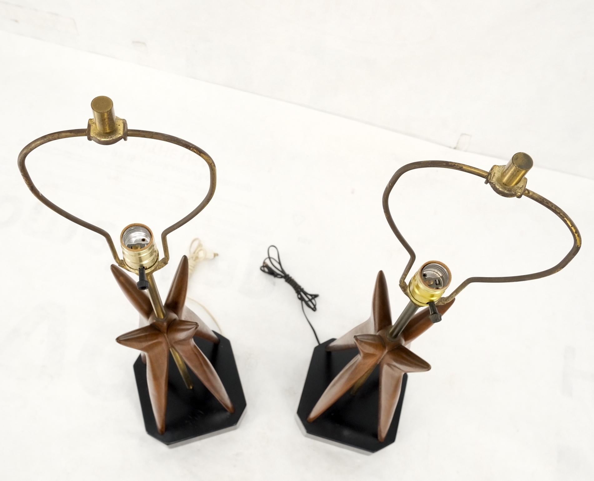 Pair Carved Oiled Walnut Star Bursting Sputnik Shape Bases Table Lamps Mint! For Sale 7