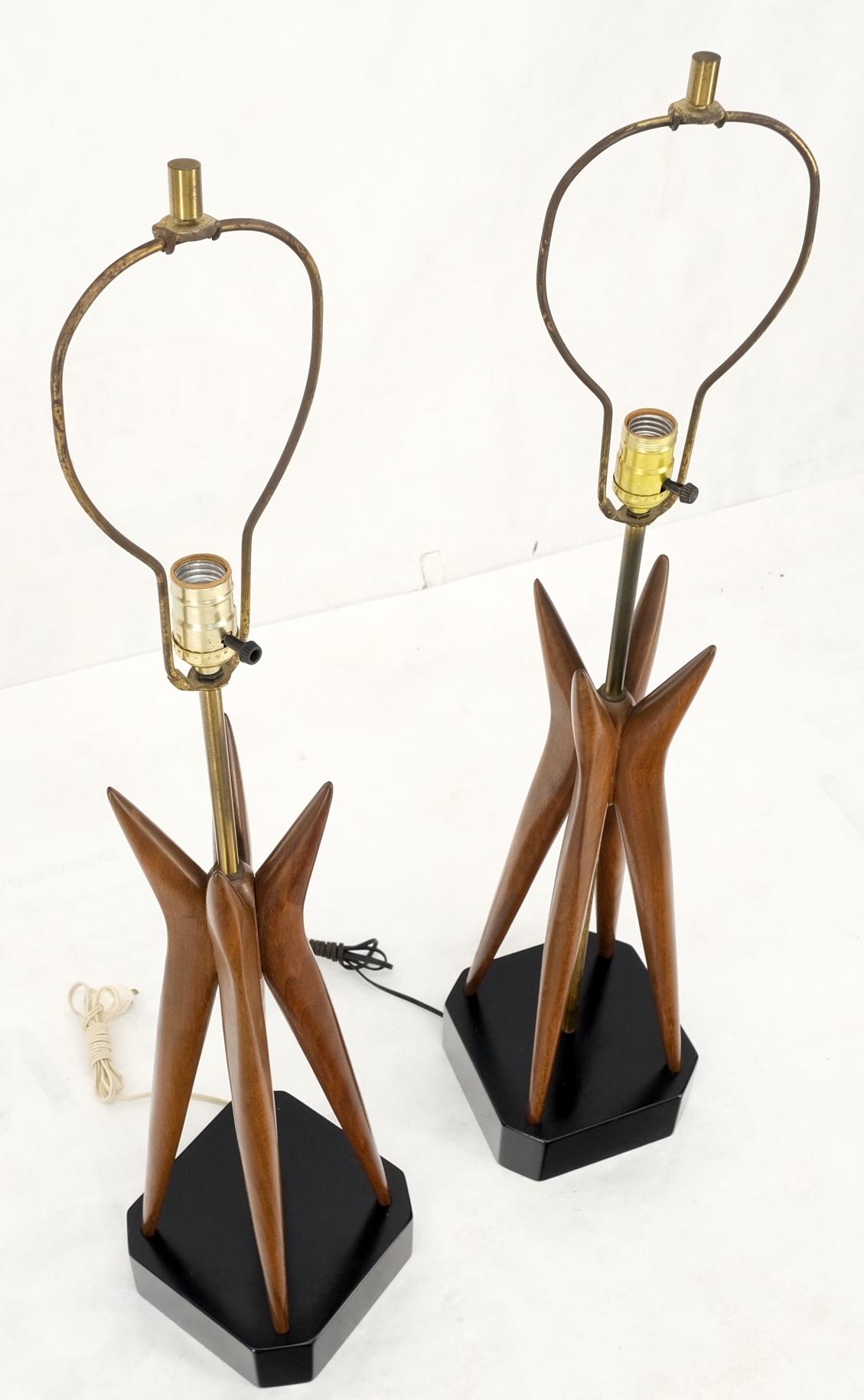 Pair Carved Oiled Walnut Star Bursting Sputnik Shape Bases Table Lamps Mint! For Sale 8