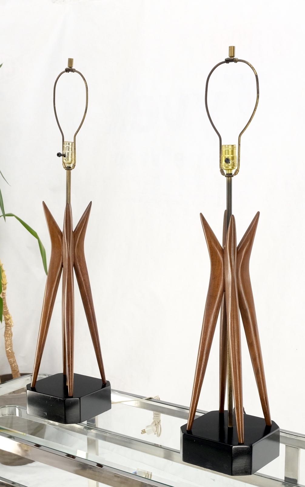 Pair Carved Oiled Walnut Star Bursting Sputnik Shape Bases Table Lamps Mint! For Sale 9
