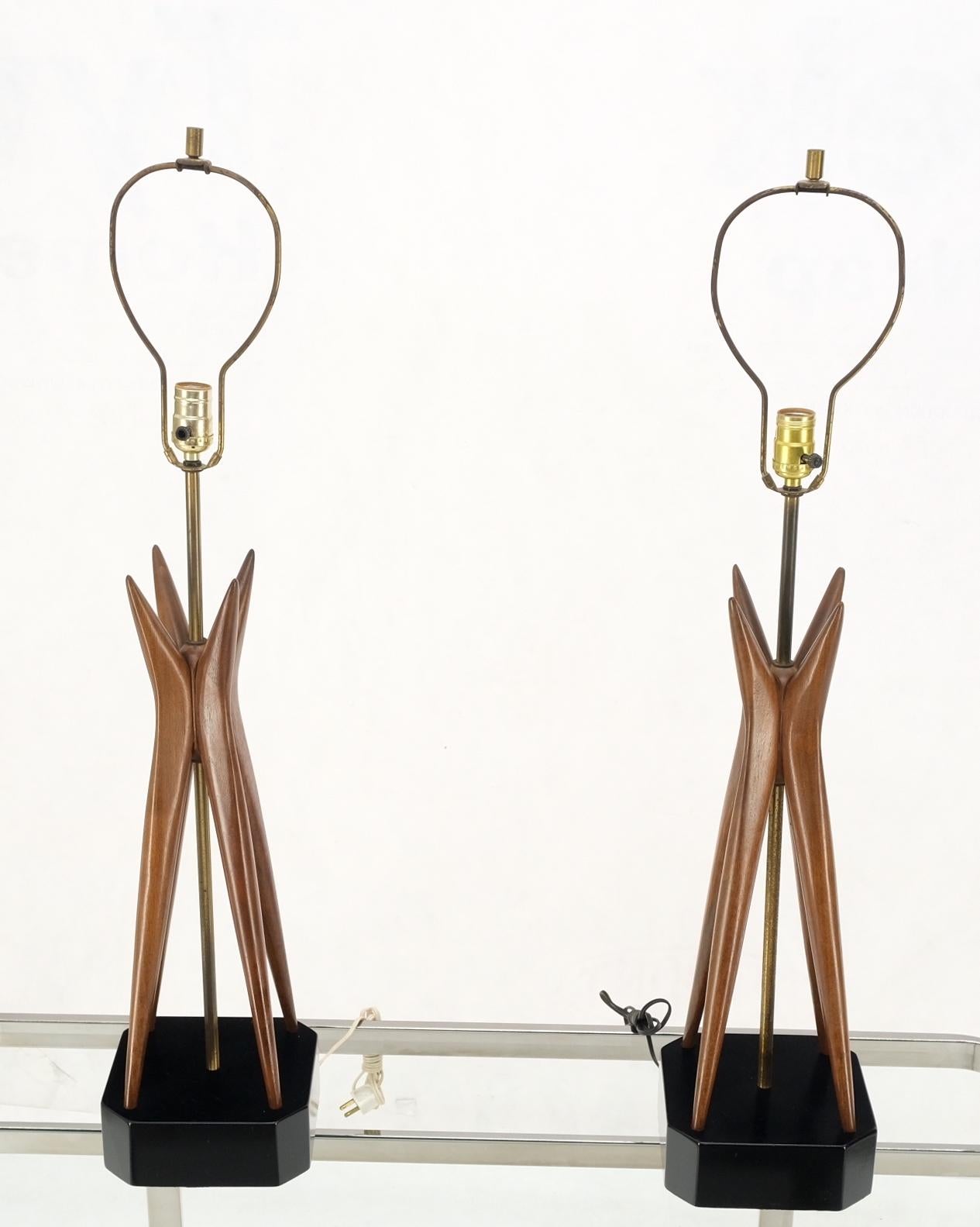 Pair Carved Oiled Walnut Star Bursting Sputnik Shape Bases Table Lamps Mint! For Sale 10