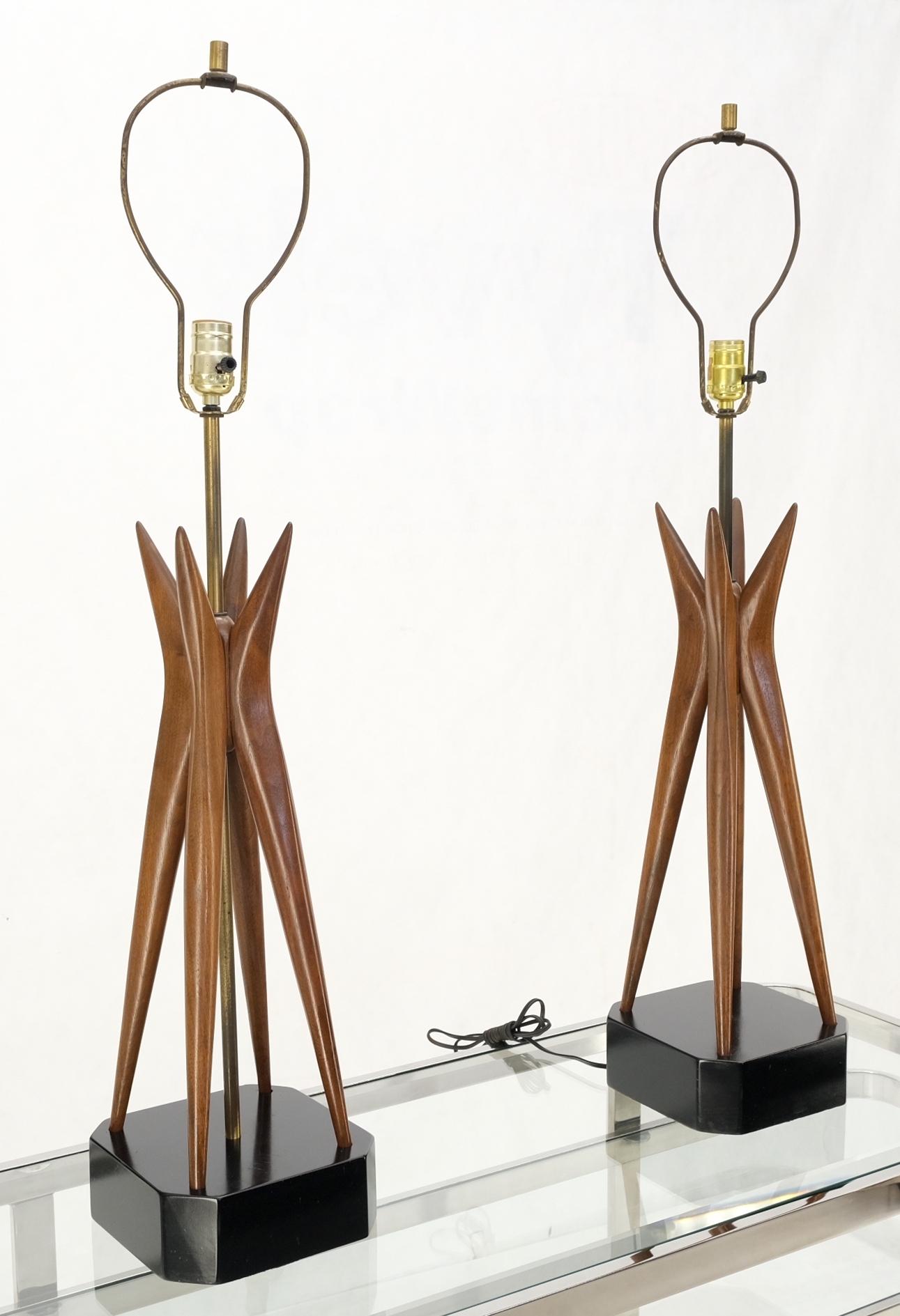 Pair Carved Oiled Walnut Star Bursting Sputnik Shape Bases Table Lamps Mint! For Sale 11