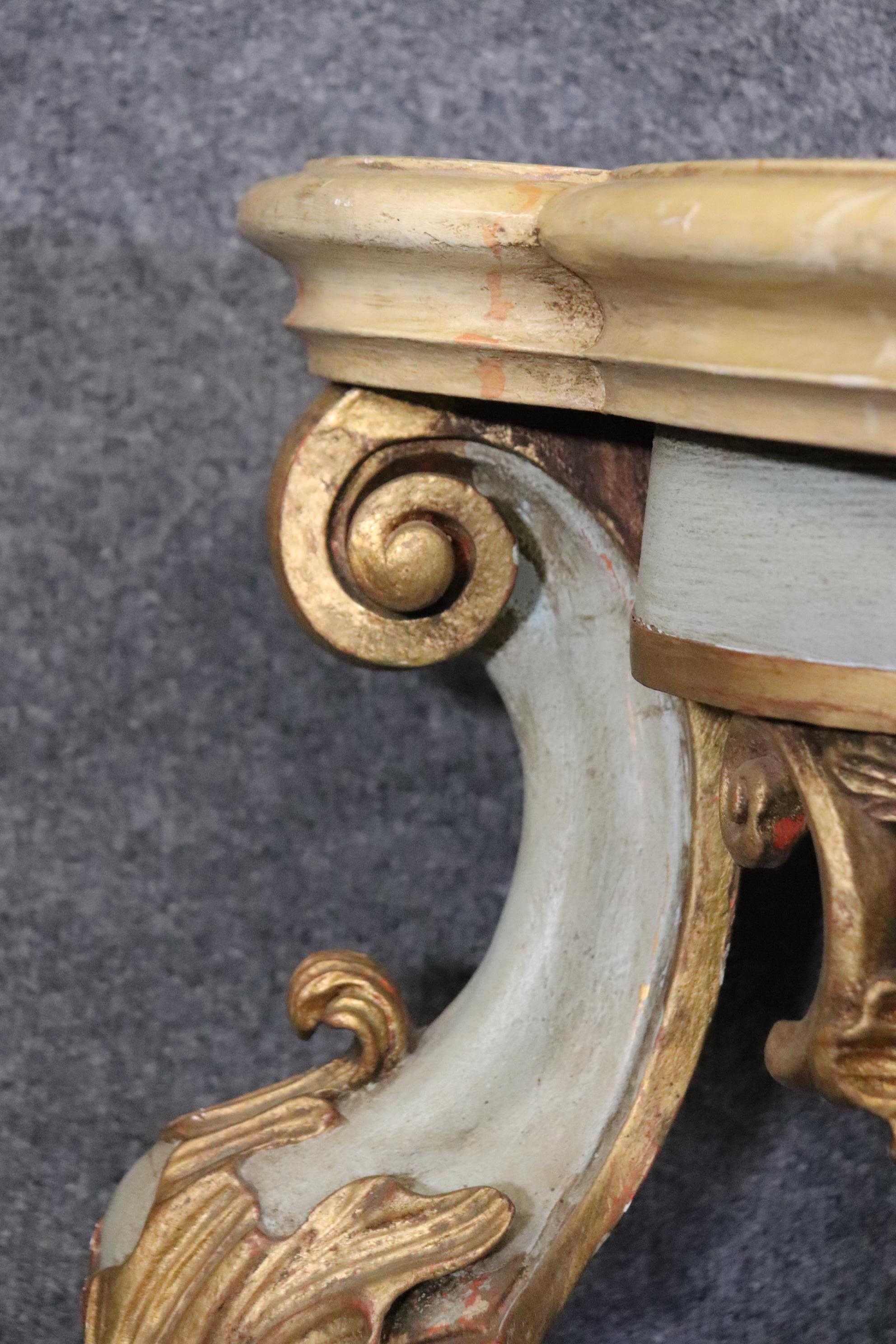 Pair Carved Paint Decorated Italian Rococo Faux Marble Top Console Tables  7
