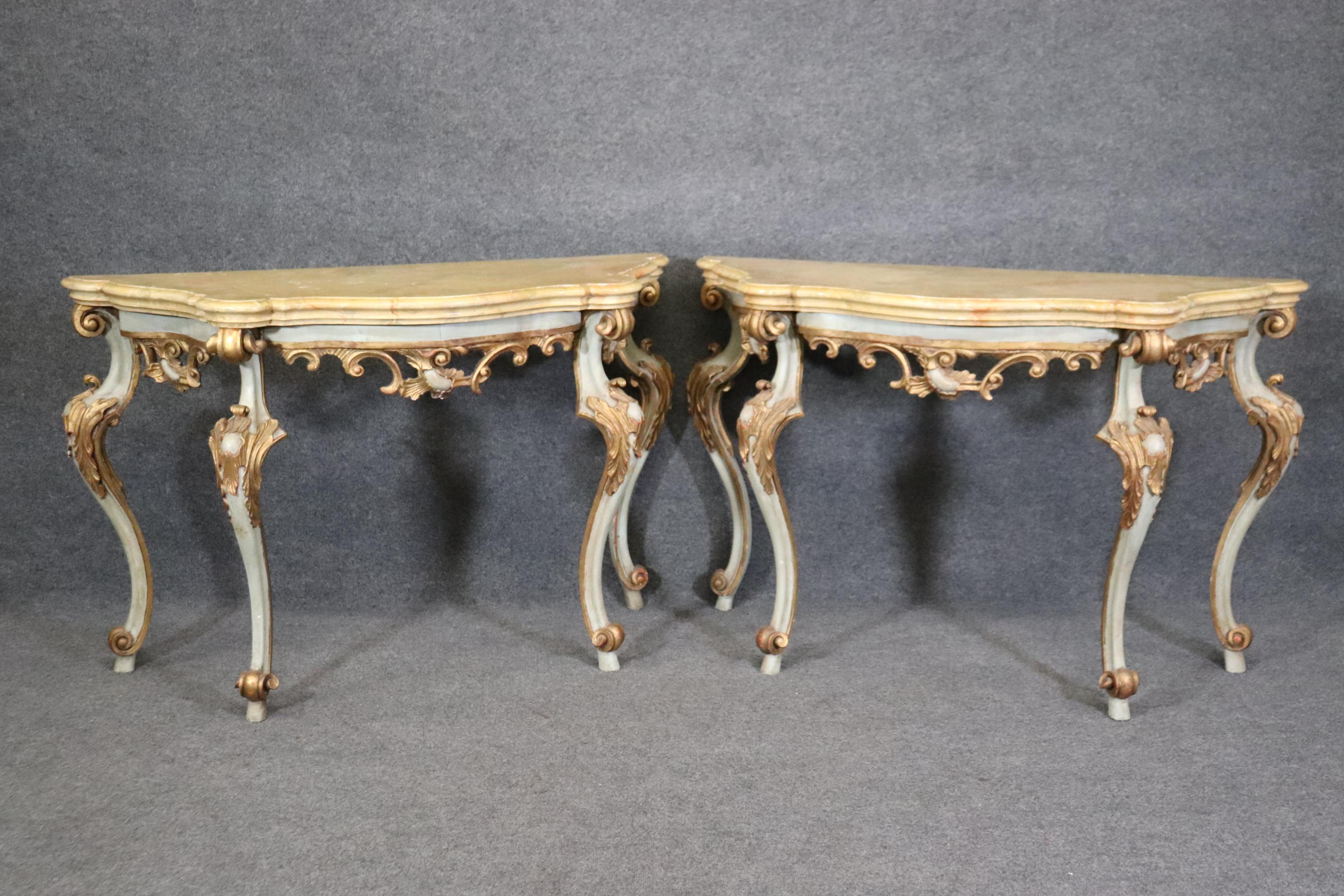 Pair Carved Paint Decorated Italian Rococo Faux Marble Top Console Tables  In Good Condition In Swedesboro, NJ