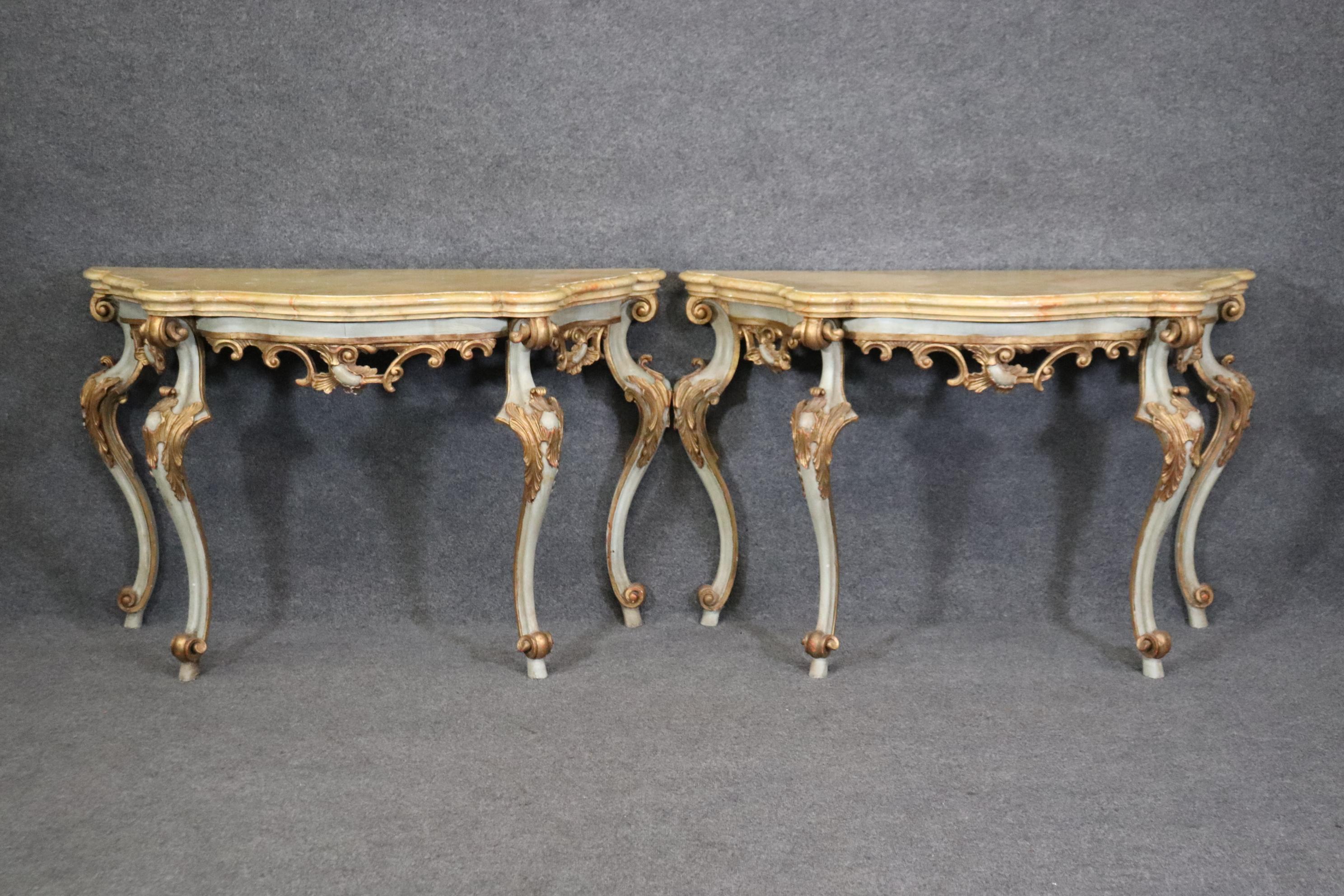 Early 20th Century Pair Carved Paint Decorated Italian Rococo Faux Marble Top Console Tables 