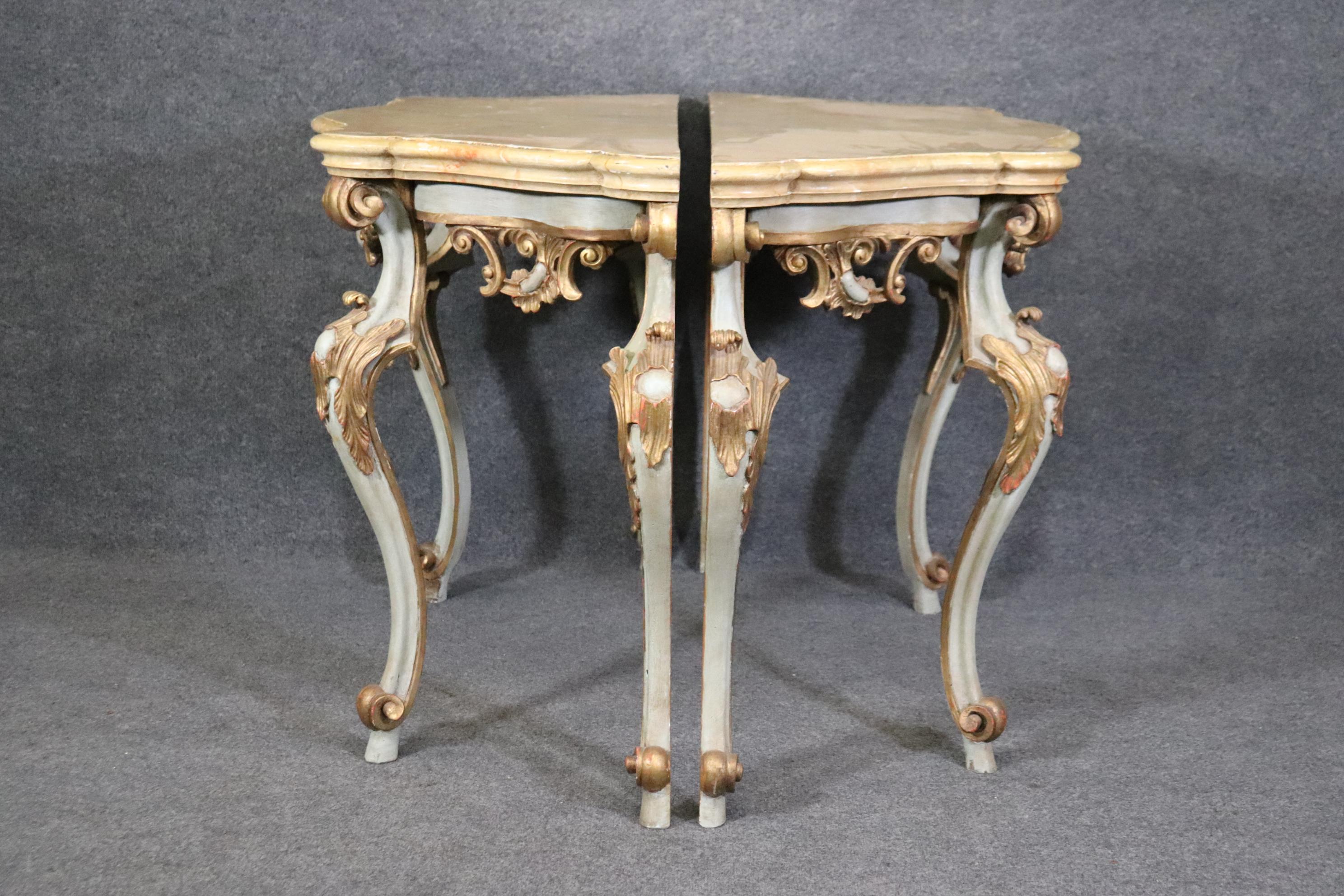 Walnut Pair Carved Paint Decorated Italian Rococo Faux Marble Top Console Tables 